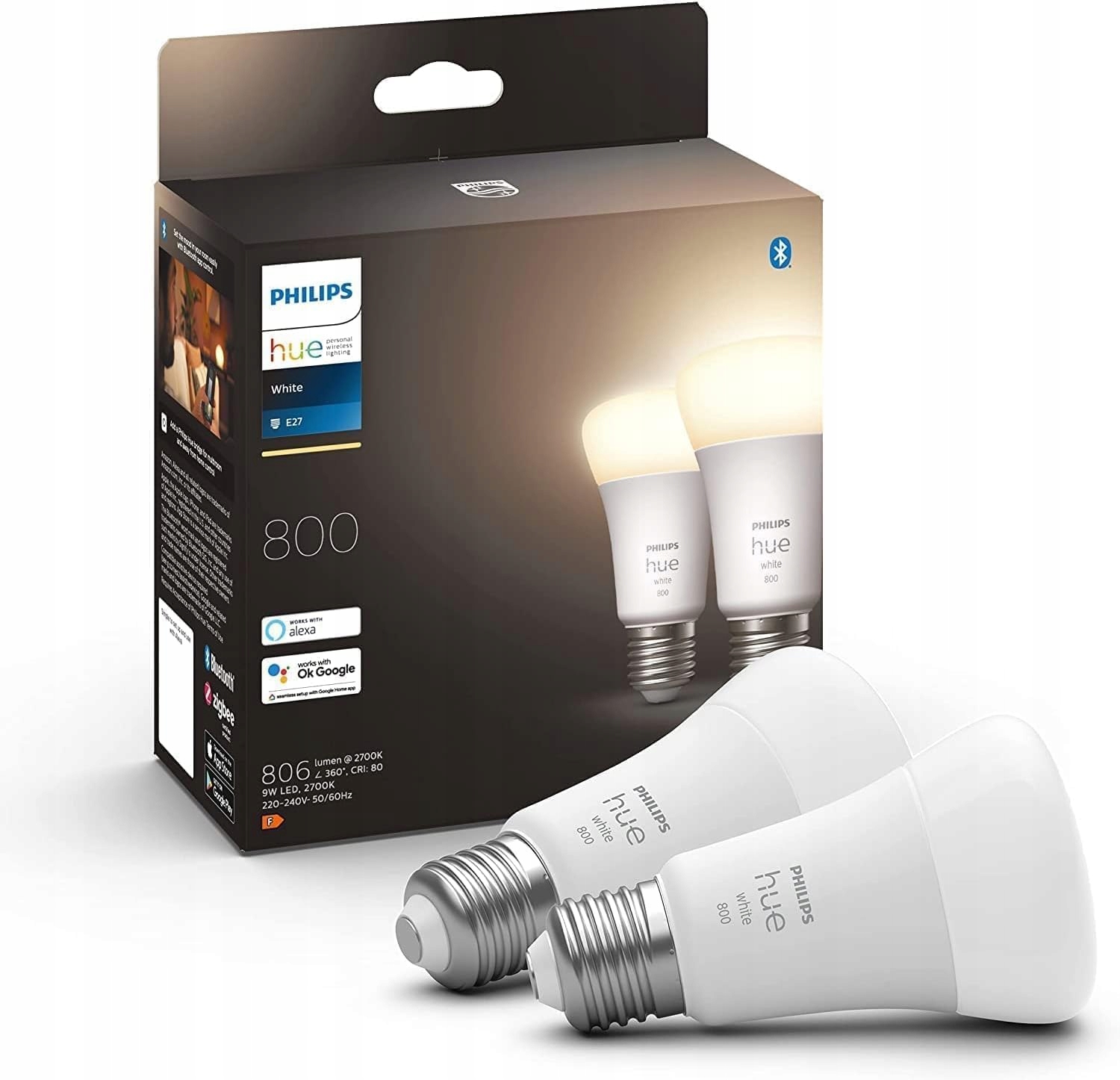 2PAK Led žárovka E27 A60 9W 2700K teplá Philips Hue bílá Bluetooth Zigbee