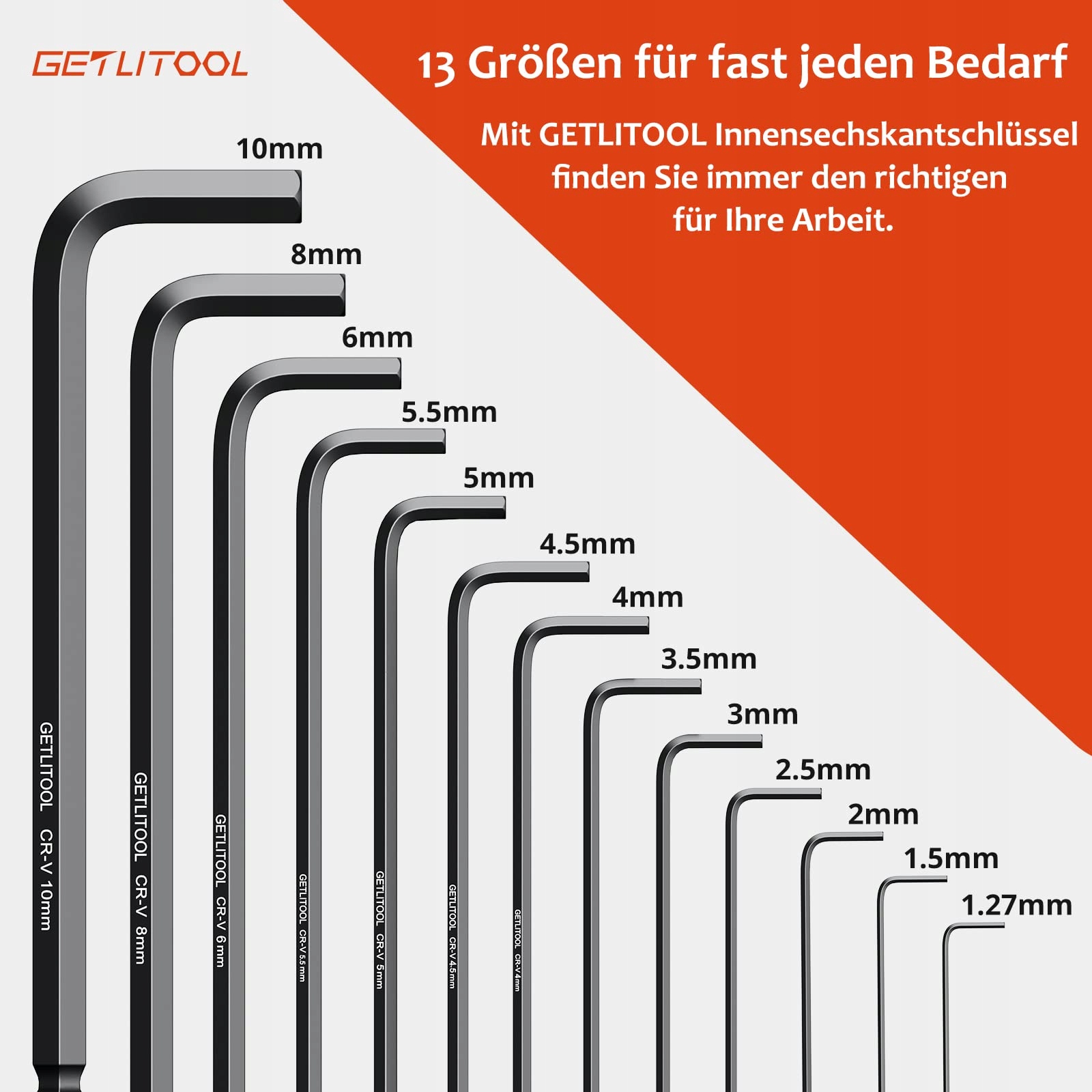 GETLITOOL Zestaw Kluczy Imbusowych 13szt CrV 127mm10mm Z Kulistą Główką — miniatura 6