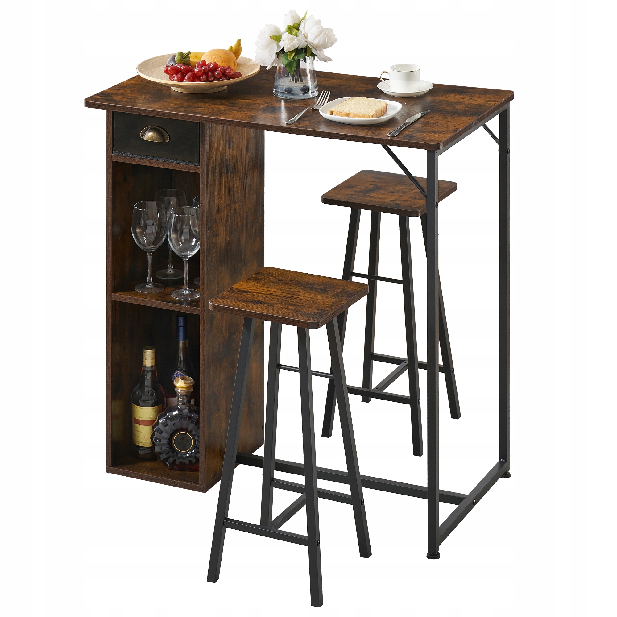 3dílná Sada Barového Stolu a Židlí, Stůl se Zásuvkou a Poličkou, Retro