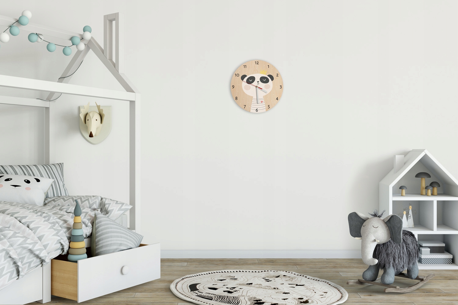 CICHY Zegar ścienny do pokoju dziecka PANDA cyfry Szerokość całkowita 30 cm