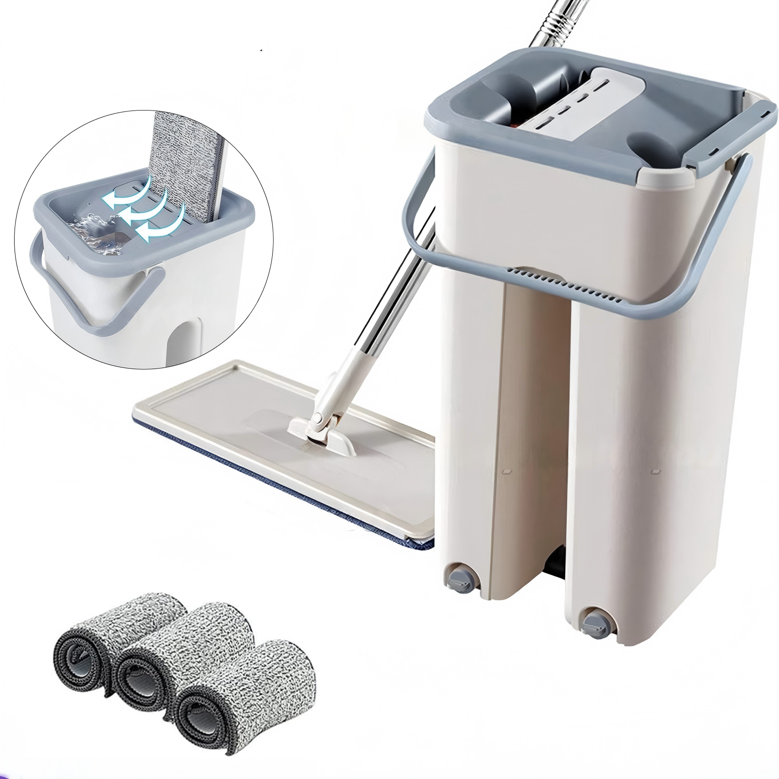 Sada mopu a kbelíku s odšťavňovačem, s 3 opakovaně použitelnými návleky z mikrovlákna