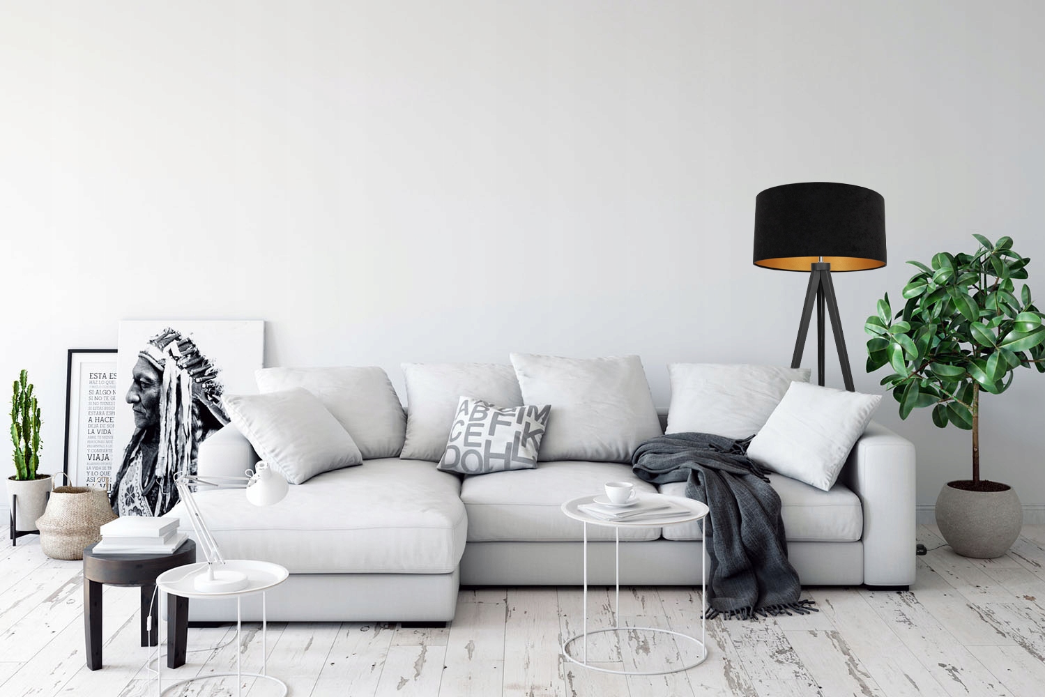 LAMPA PODŁOGOWA STOJĄCA TRÓJNÓG ZŁOTA ABAŻUR WELUR Kolekcja MEDIOLAN