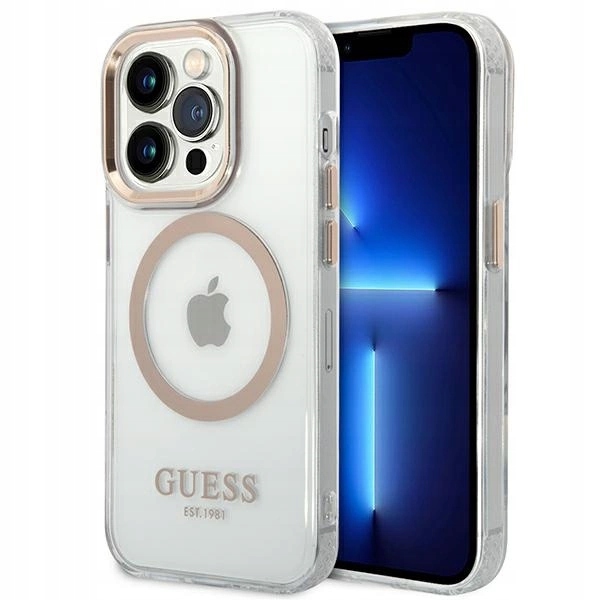 Pouzdro Guess Metal Outline MagSafe pro iPhone 14 Pro zlaté