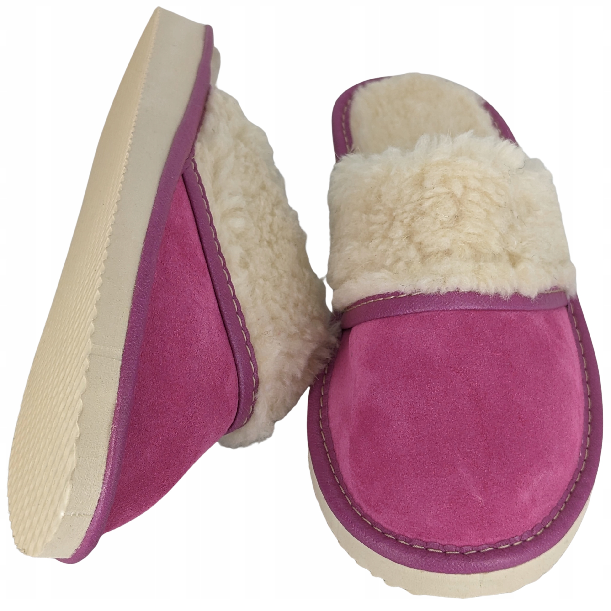 Pantofle Domowe Wełniane Skórzane Papcie Laczki Kapcie Zimowe Różowe 38 Kolekcja Zima Wełna