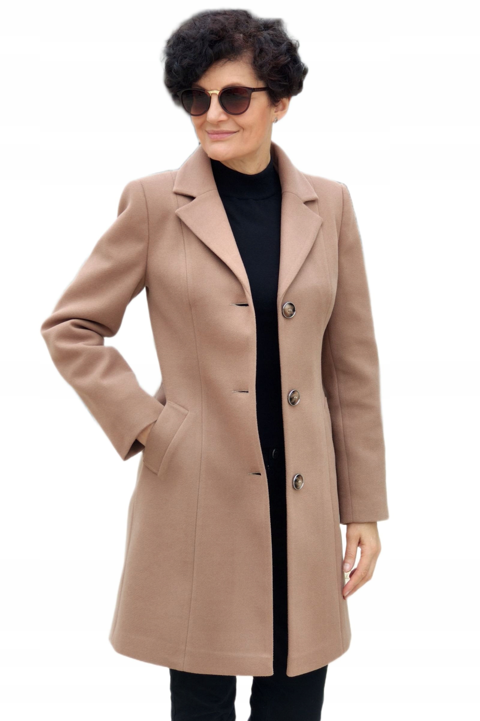 Wizytowy Dopasowany Klasyczny Płaszcz Jesień Zima Cappuccino 40