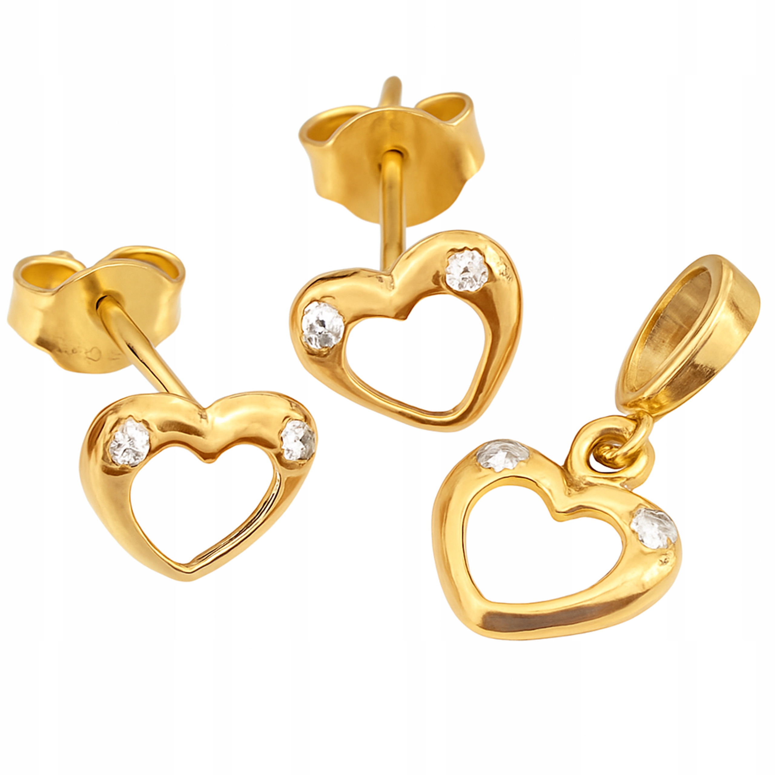 Zlatý komplet 585 srdíčka srdíčka se zirkony náušnice přívěsek 14k