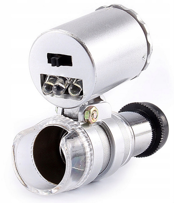 PORĘCZNY KIESZONKOWY MIKROSKOP LUPA JUBILERSKA ZOOM 60X ŚWIATŁO LED UV Model 60X