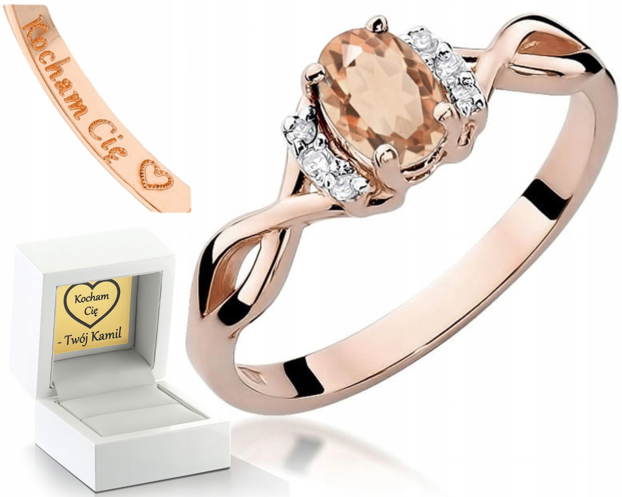 Růžové Zlato Prstýnek Brilianty A Přírodní Kámen Morganit 585 Gravírování