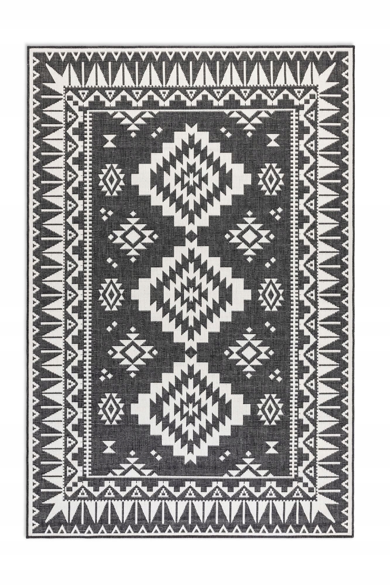 Koberec na terasu 80x150 cm, černo krémový oboustranný, plochý tkaný