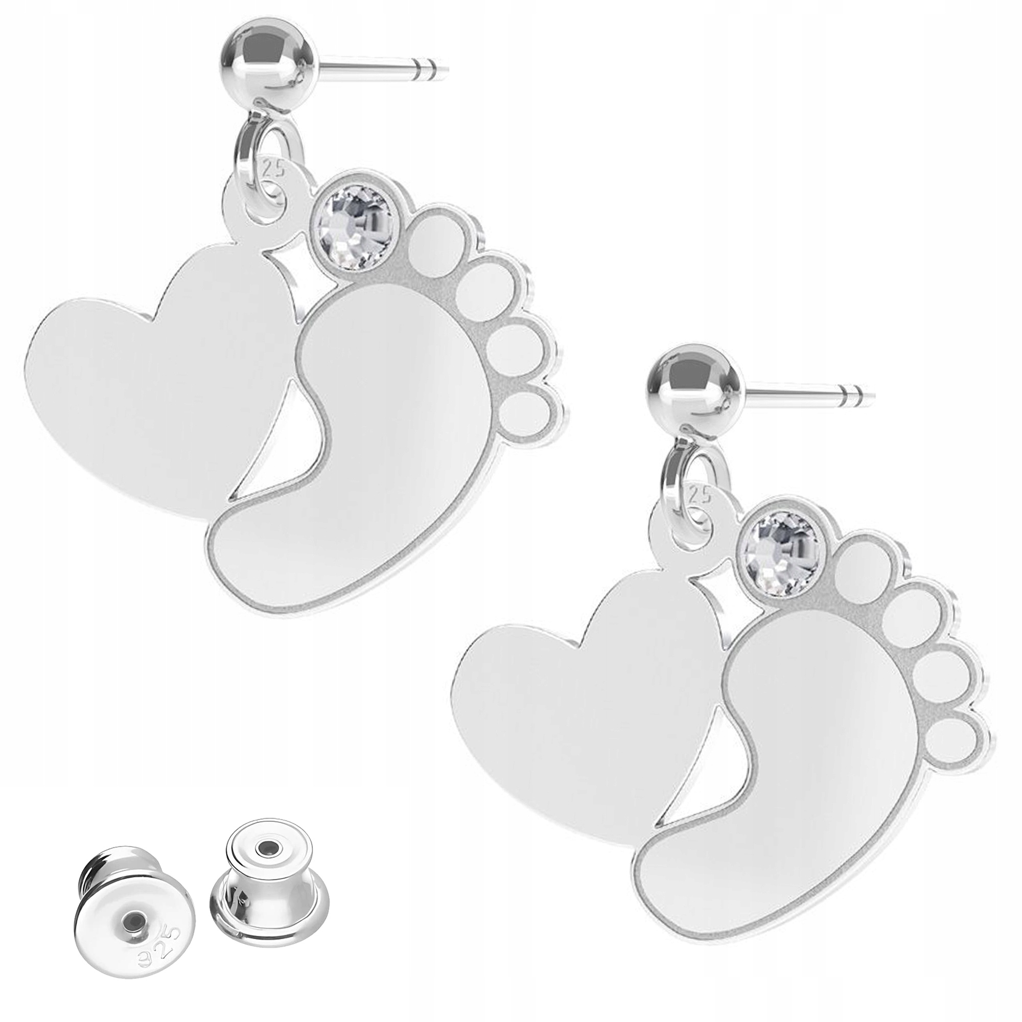 Stříbrné Náušnice Nohy Chodidla dítěte Chodidlo se zirkonem srdce Stříbro 925