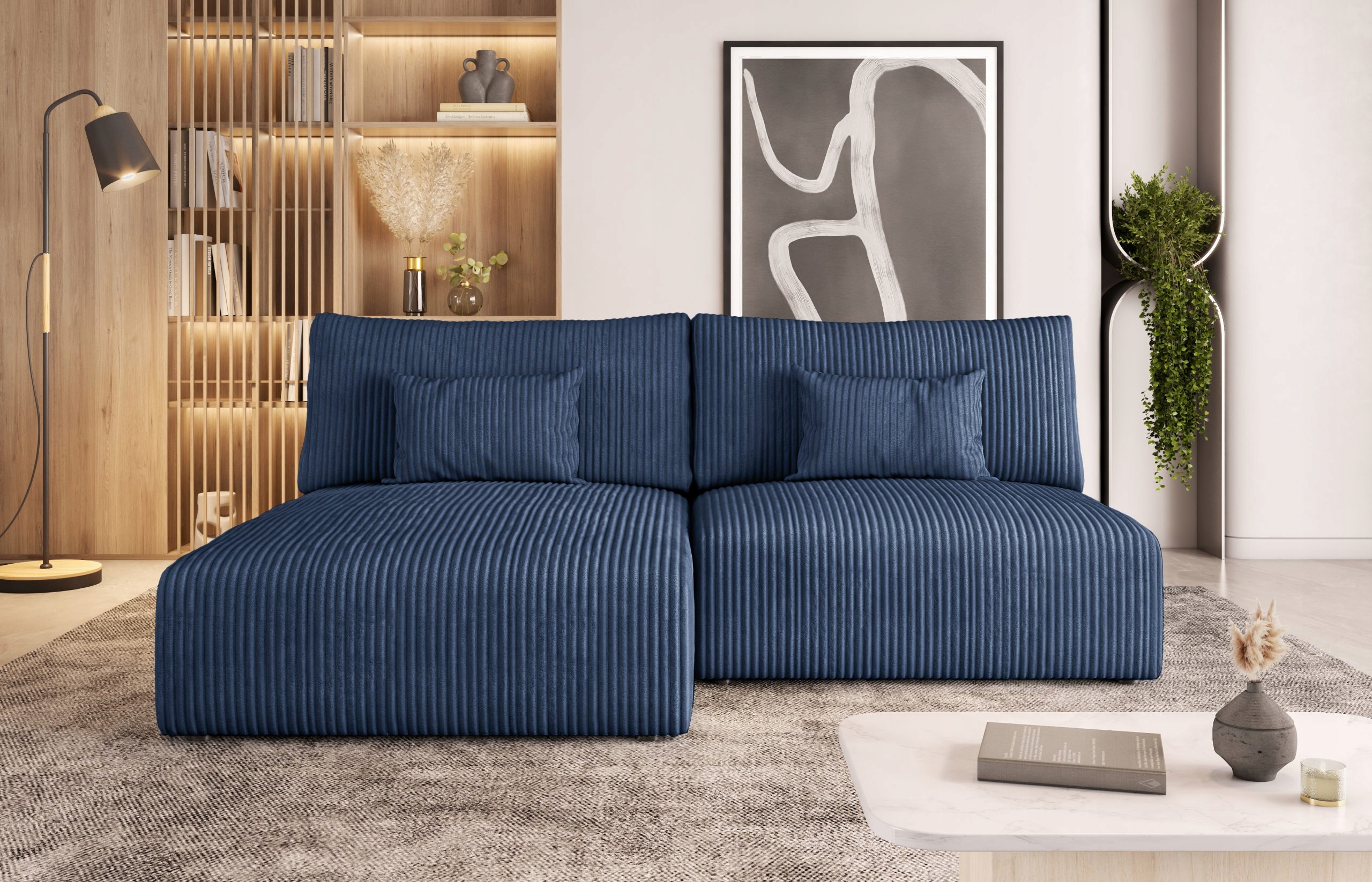 Rohová Sedací Souprava Modulo s funkcí spaní do malého bytu, modrá, sametová