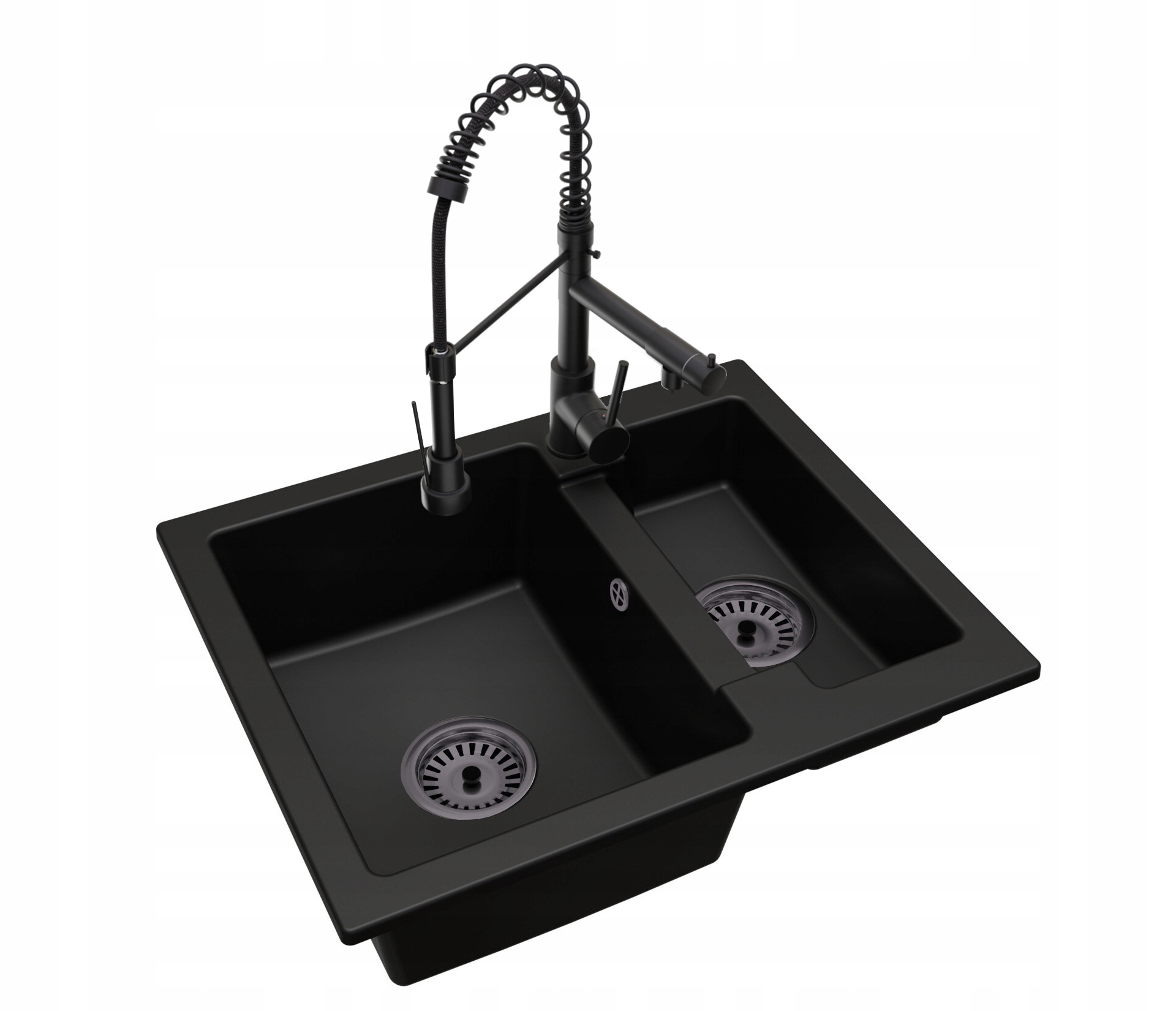 Kuchyňský Dřez Granitový 1,5-KOMOROVÝ Baterie Duo Syfon Černý