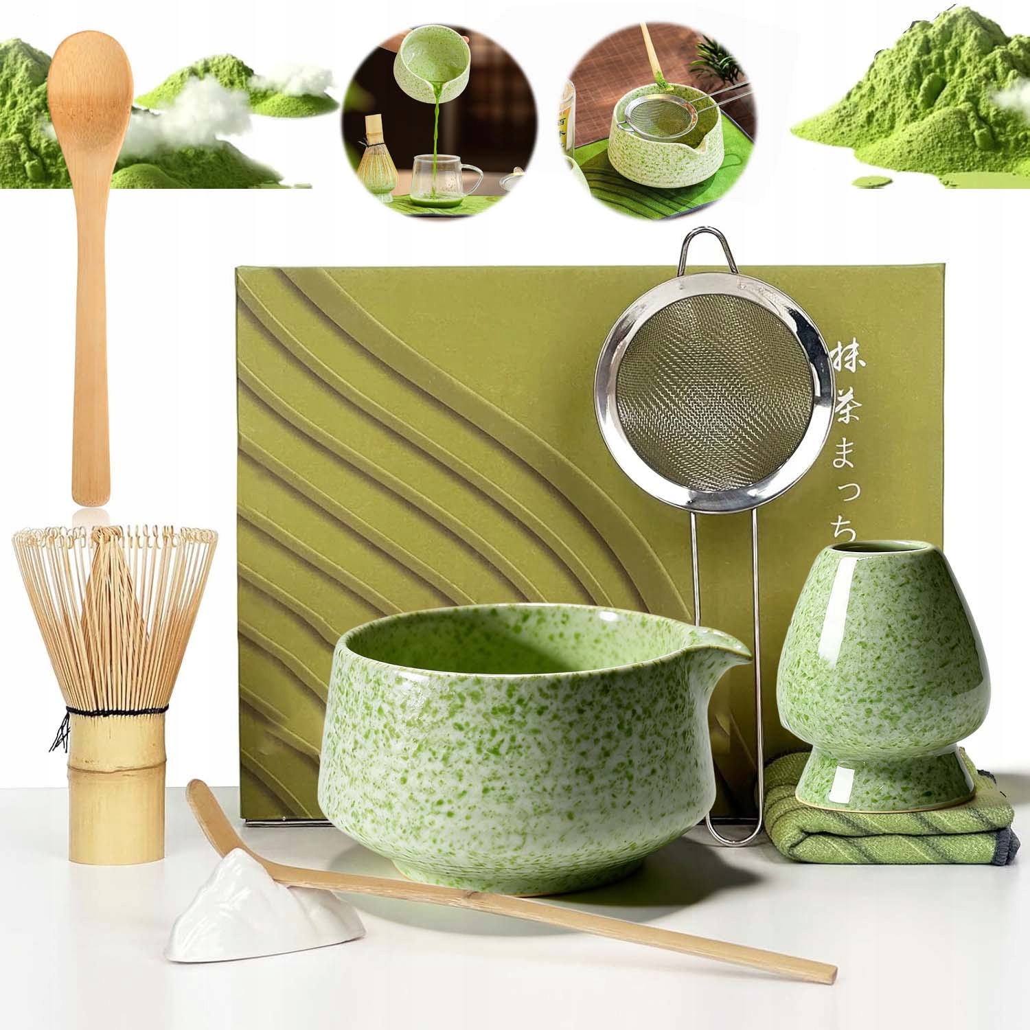 Zestaw Prezentowy Do Herbaty Matcha 8-CZĘŚCIOWY Zestaw Podstawka Łyżeczka