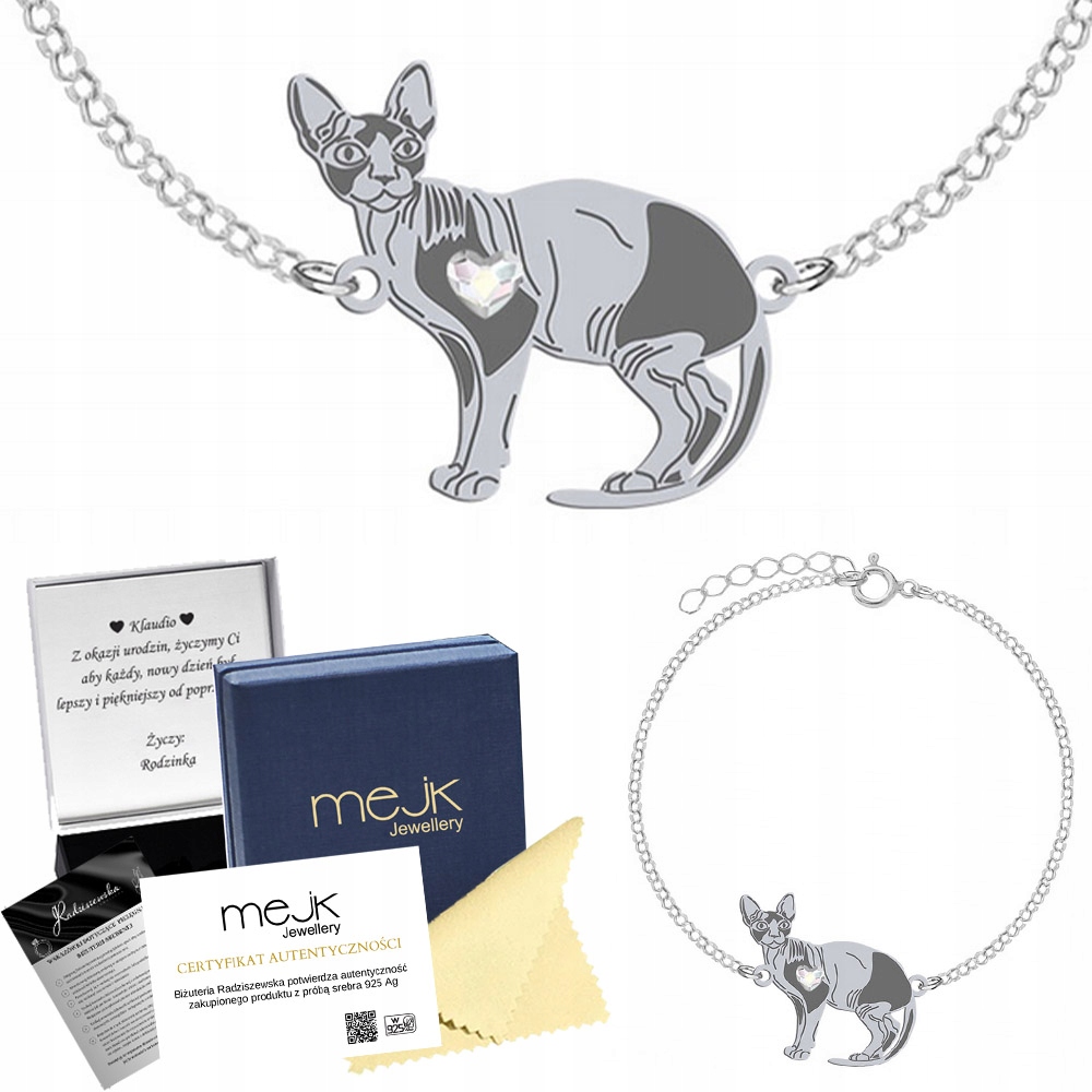 Stříbrný náramek s kočkou Sphynx 925 Dárek Řetízek Šperky Gravírování