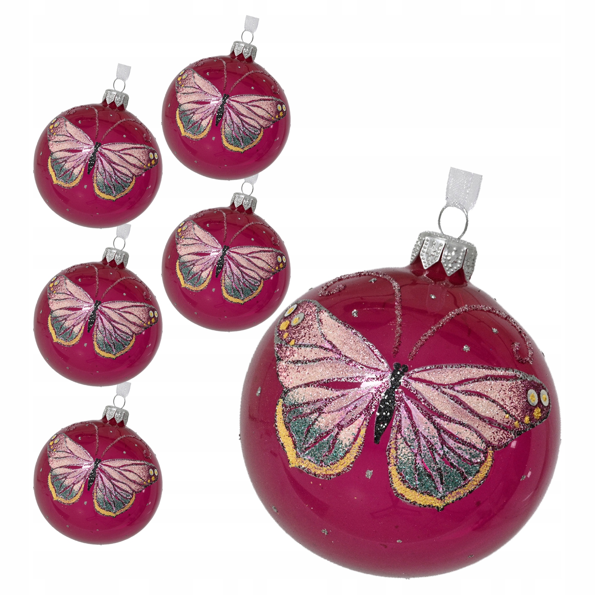 Růžové průhledné skleněné Vánoční Baňky zdobené motýlem 8 cm, 6 ks