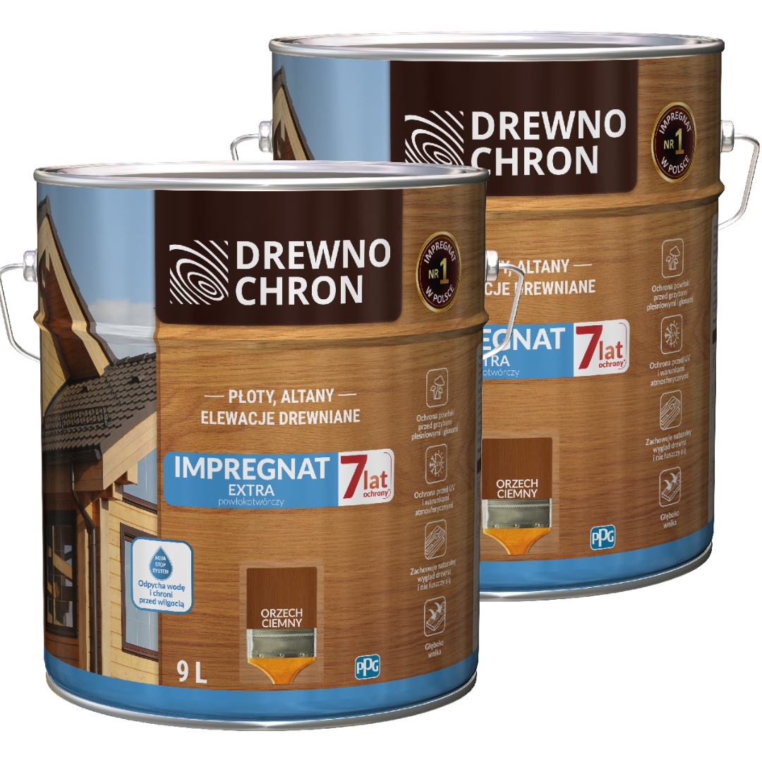 Drewnochron Impregnát Extra 18 L, Ořech Tmavý Sada 2X9 L