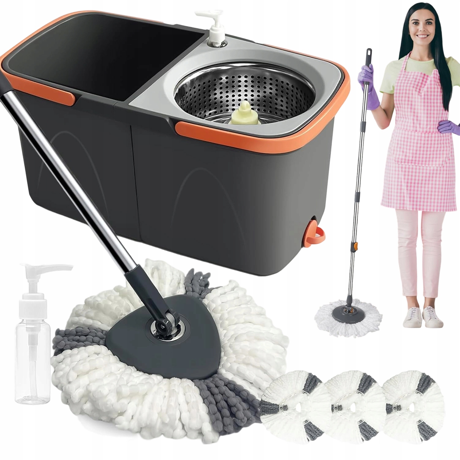 Levně Rotační Mop S Dvoukomorovým Kbelíkem A Multifunkčním Odšťavňovačem Kulatý