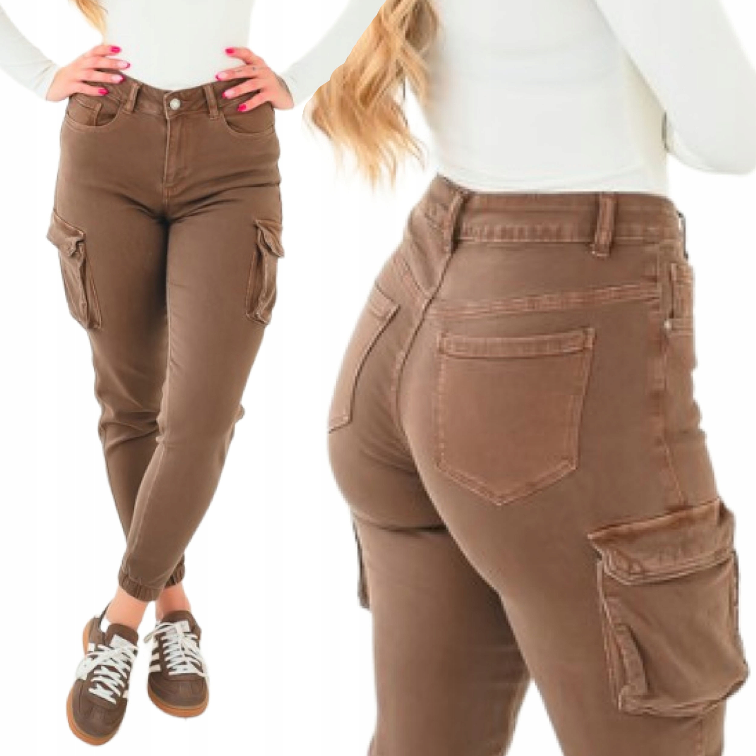 Džínové dámské čokoládové kalhoty kapsáče cargo joggery s vysokým pasem, velikost S