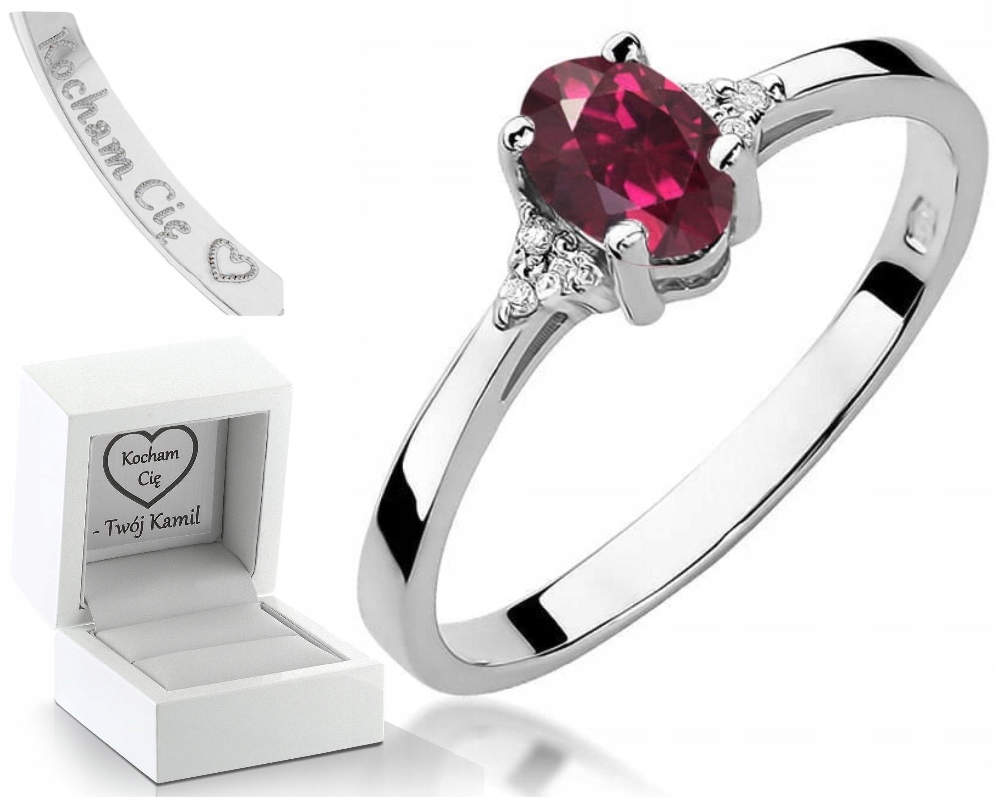 Zlatý Prstýnek Pro Zásnuby S Rodolitem A Brilianty, Bílé Zlato Gravírování
