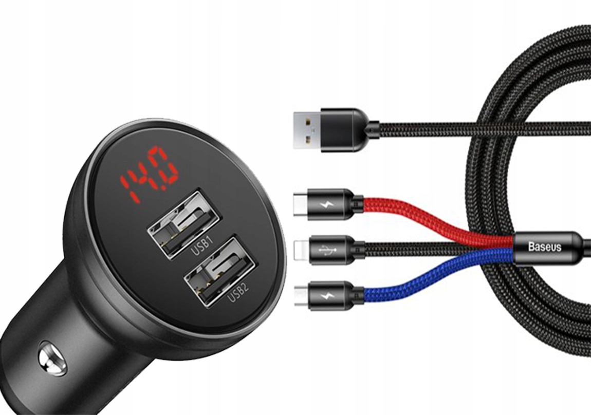 

Ładowarka samochodowa 4.8A Kabel 3v1 2XUSB Baseus