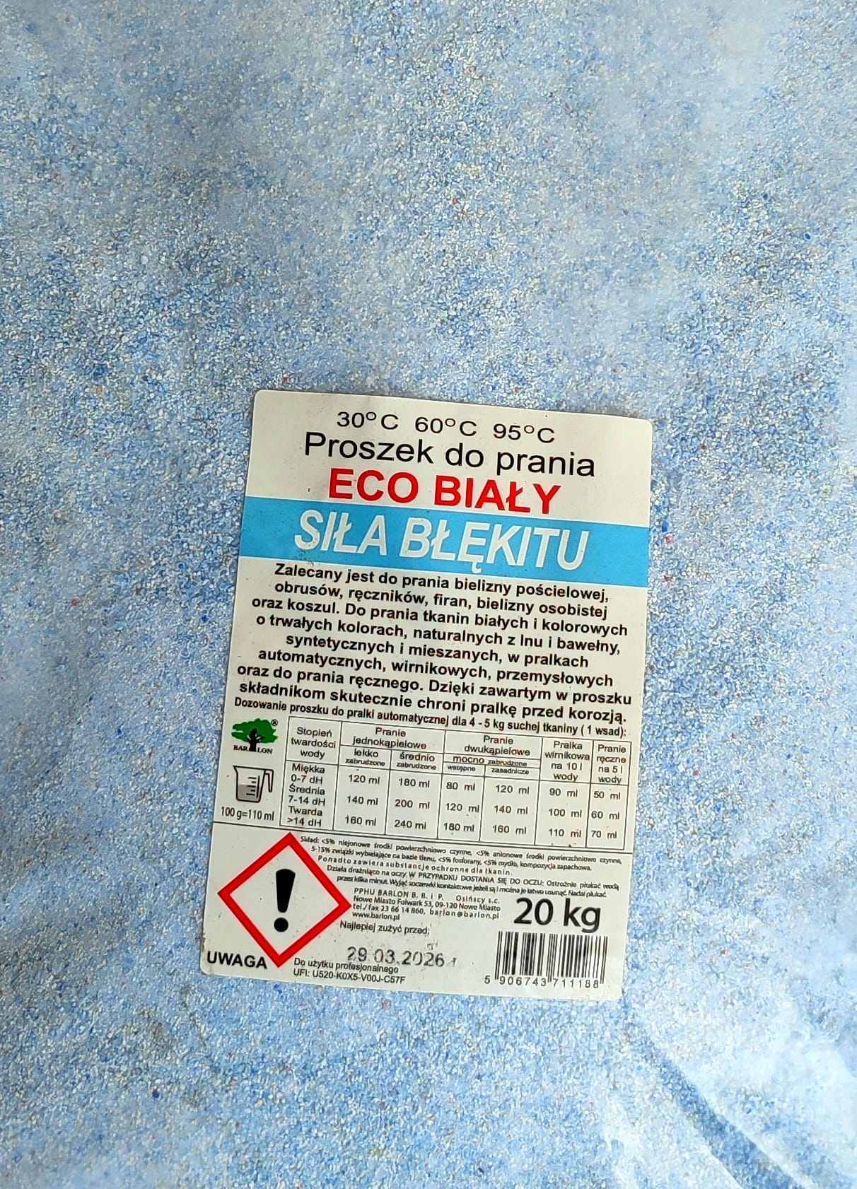 Barlon Eco Biały 20KG Siła błękitu Proszek uniwersalny do białych tkanin