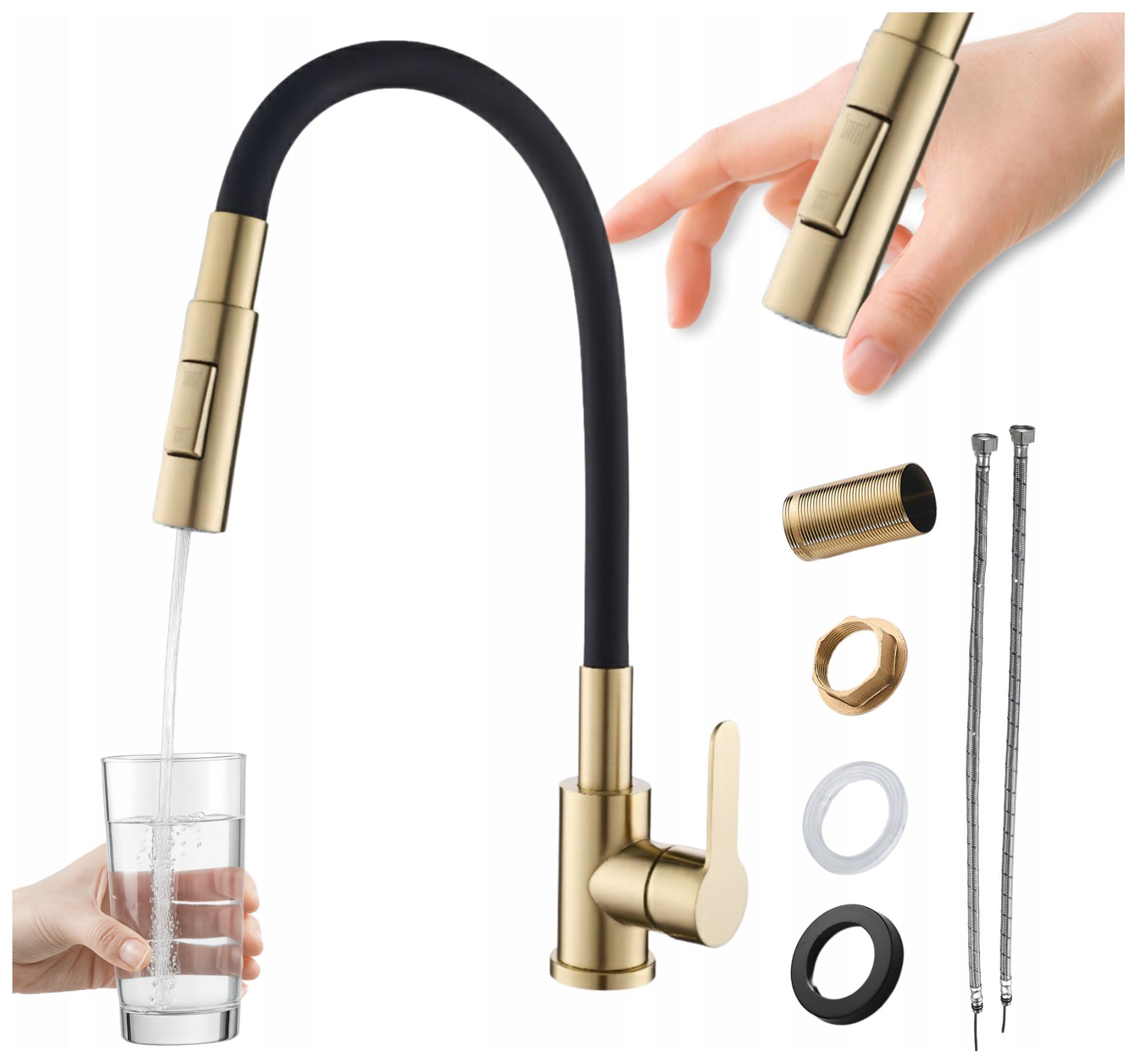 Kuchyňská baterie Kartáčované Zlato Flexibilní ramínko Kohoutek Černý Reno