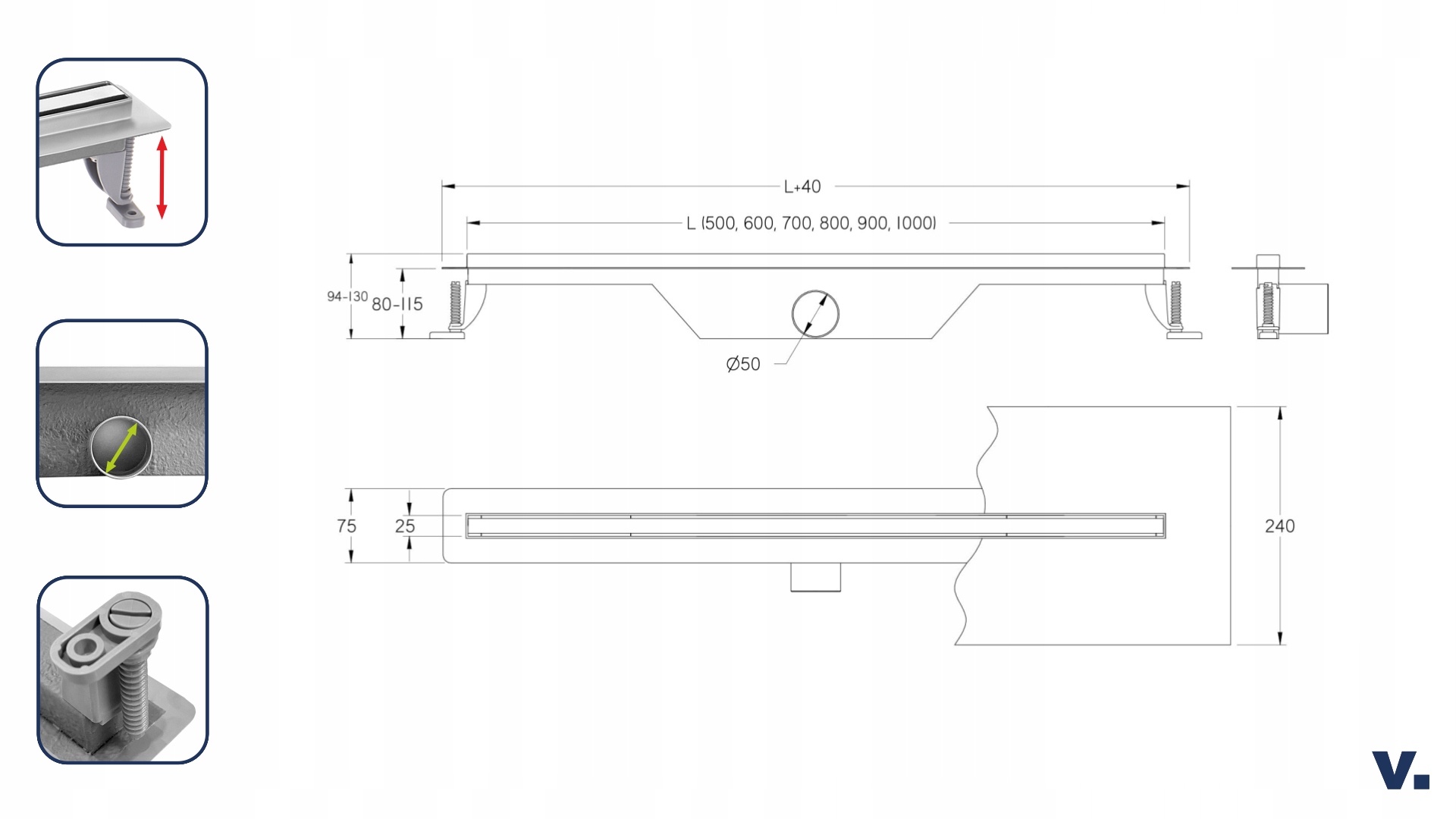 Odpływ liniowy VOGI ULTRA SLIM - 90 cm Kod producenta Odpływ liniowy ULTRA SLIM 90