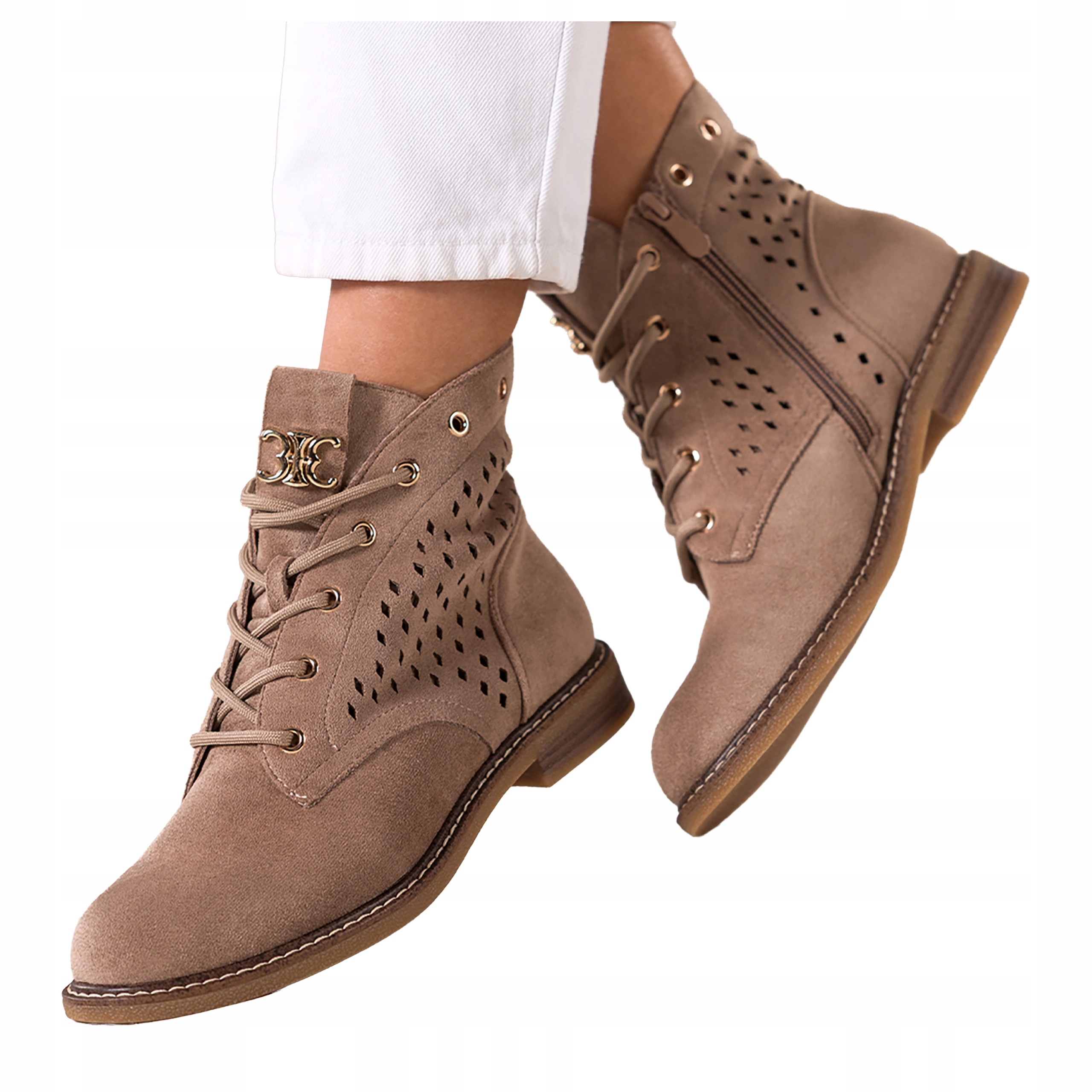 Tmavě béžové dámské kotníkové boty Ploché Šněrovací Zlaté Ažurové ozdoby vel. 36