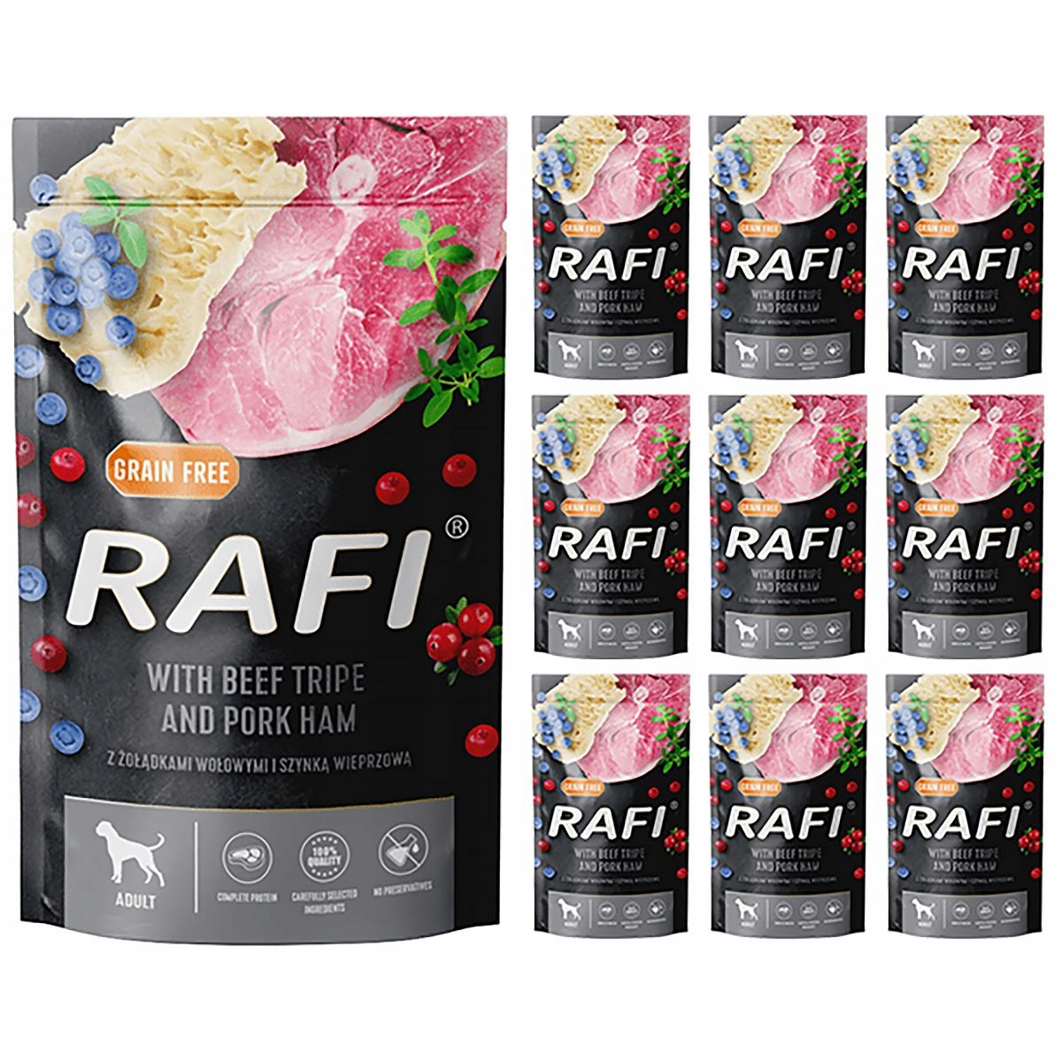 Levně Rafi Krmivo s hovězími žaludky a šunkou 10 x 500 g