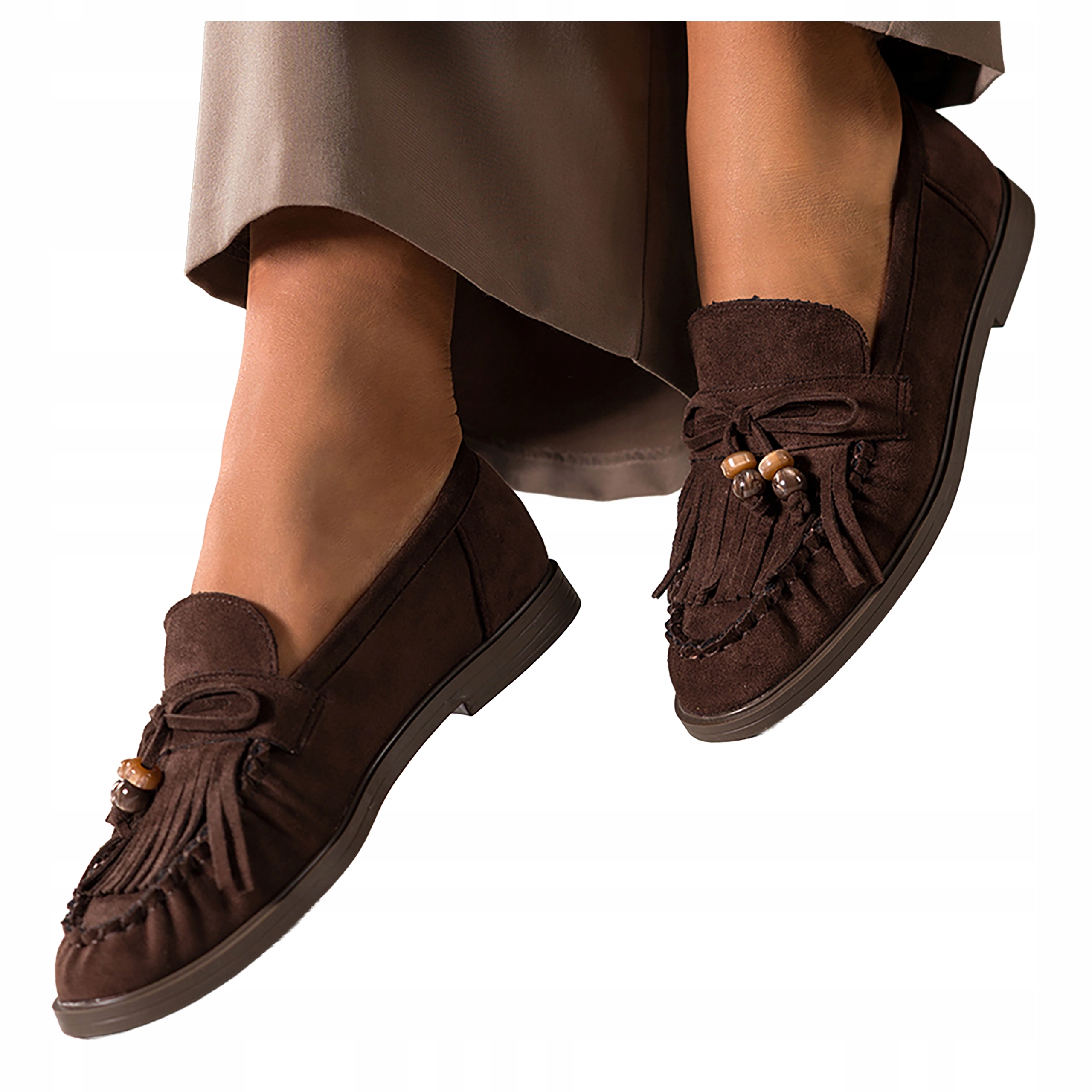 Čokoládové dámské Ploché Mokasíny s třásněmi a korálky Polobotky velikost 41
