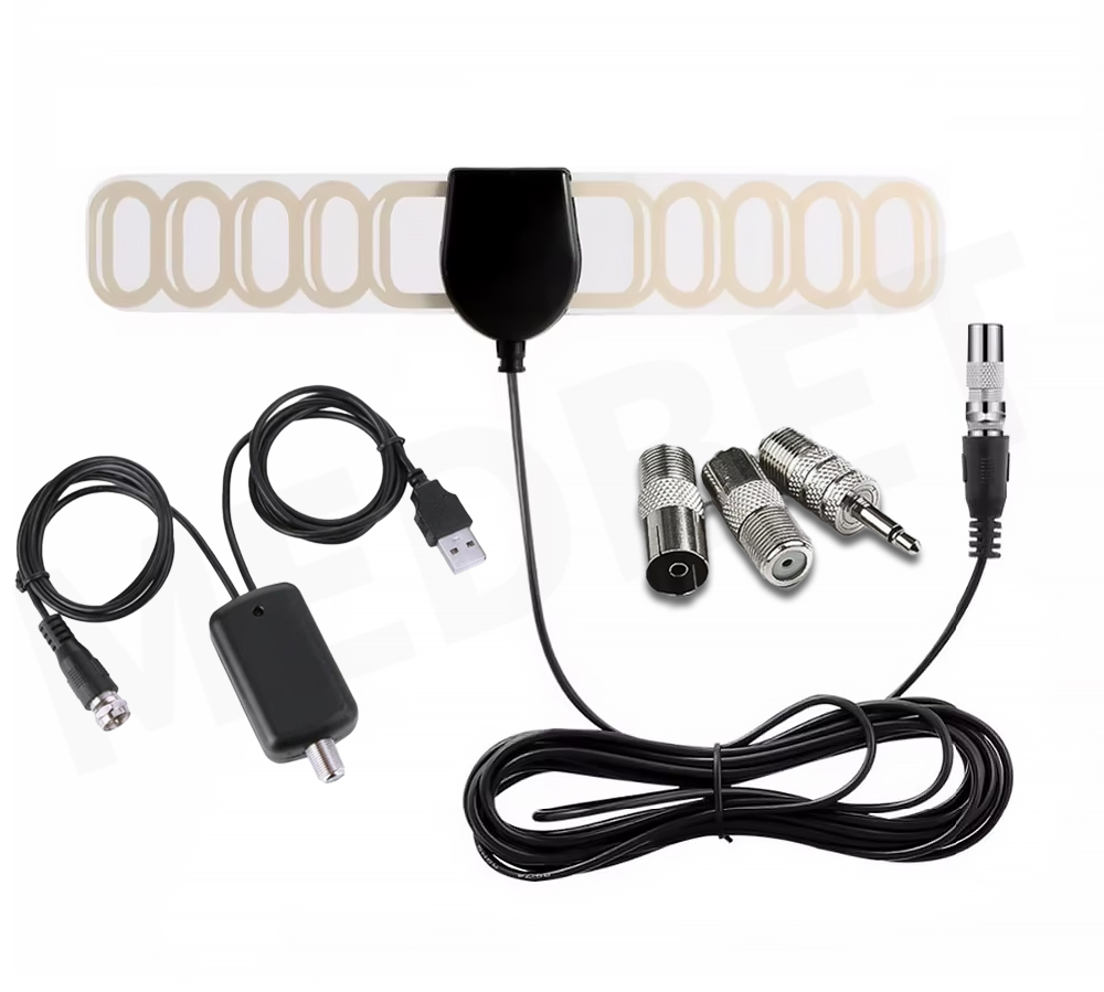 AKTYWNA ANTENA FM RADIOWA POKOJOWA WZMACNIACZ USB + 4 ADAPTERY WTYKI