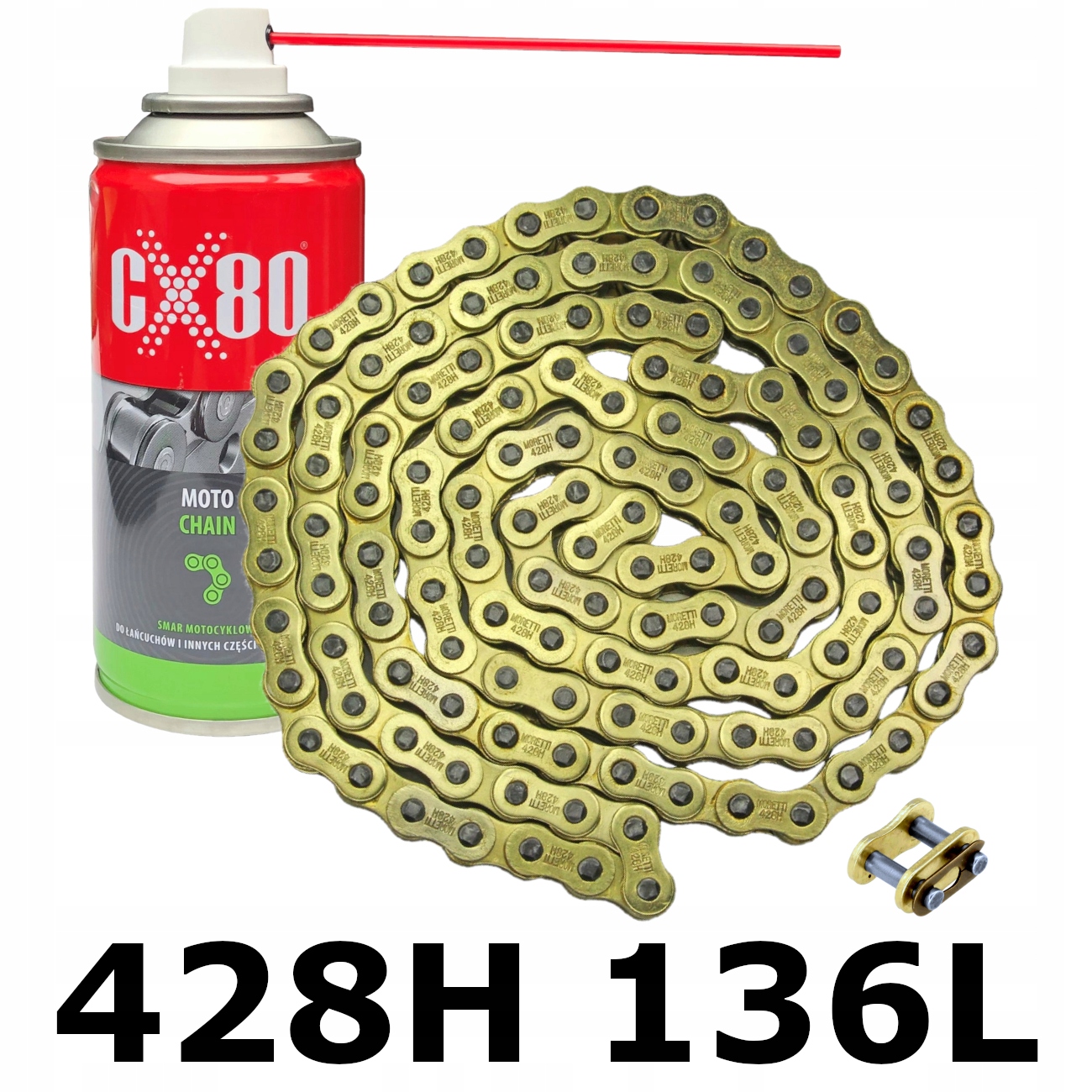 Łańcuch Napędowy Złoty 428H 136L Wzmocniony Smar Spray Romet CRS 50 125