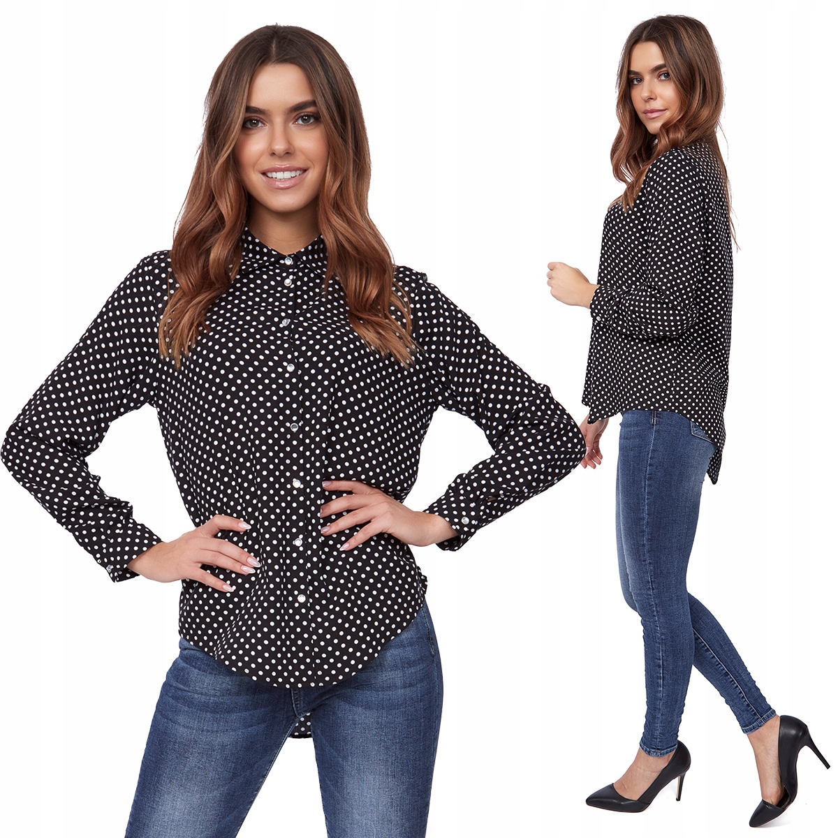 STYLOWA ASYMETRYCZNA KOSZULA GROSZKI KOLORY R - 52