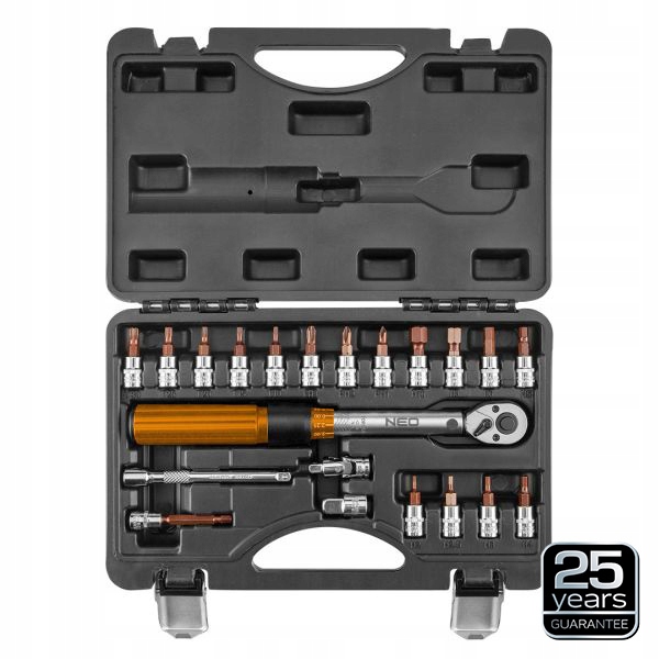 Neo Tools Momentový Kľúč Obojsmerný 1/4", 5-25 Nm, Sada 21 Kusov