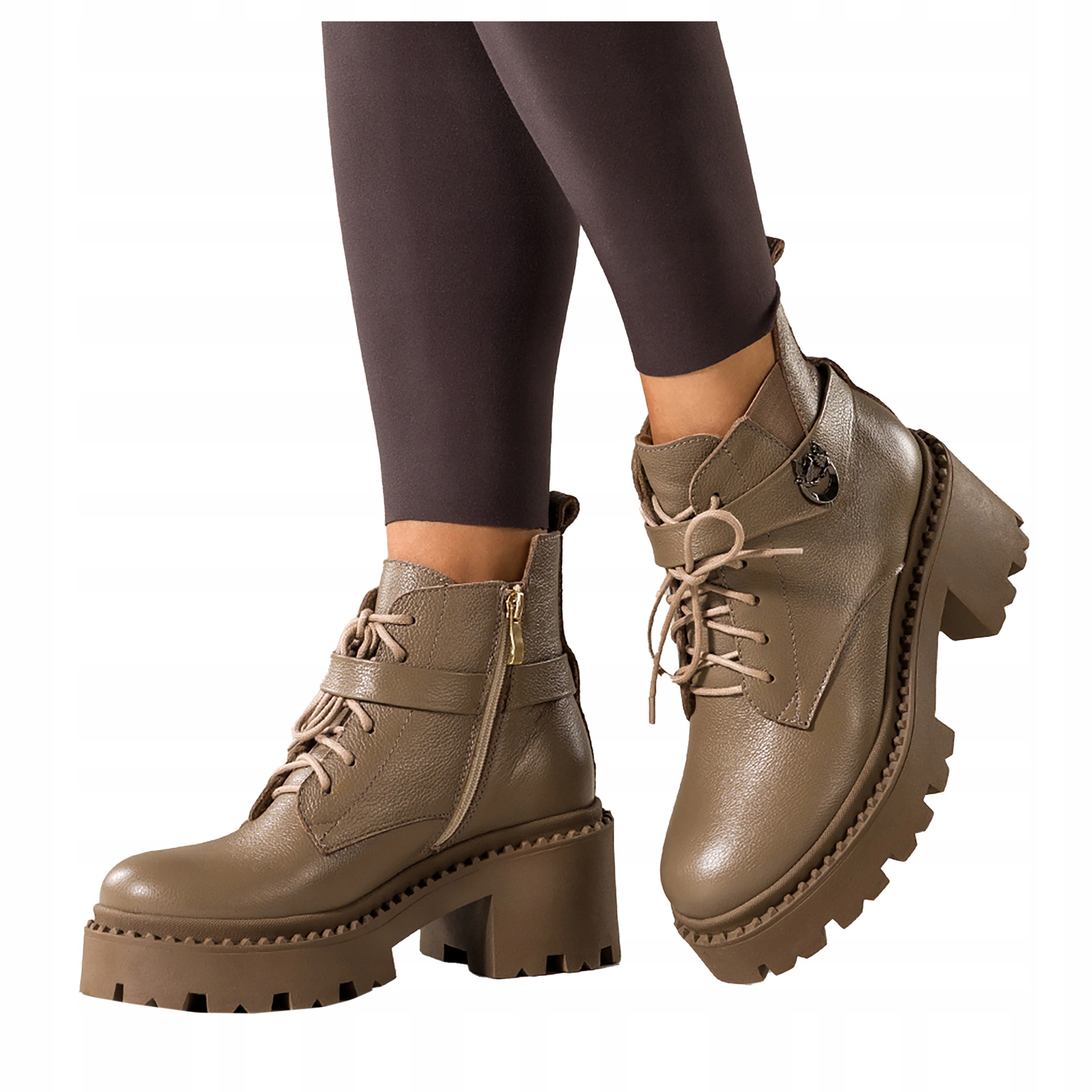 dámské kotníkové boty Béžové Workery na platformě s ozdobou Módní kožené vel. 37