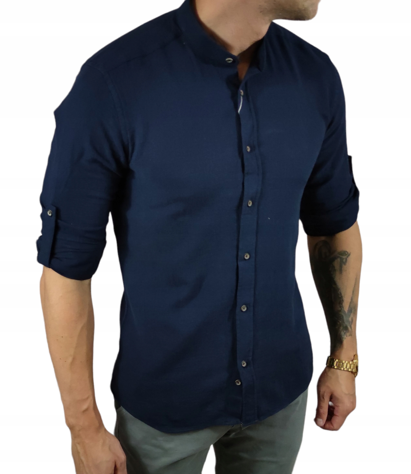 Košile z lněné tkaniny slim fit se stojáčkem, tmavě modrá ESP010 XXL