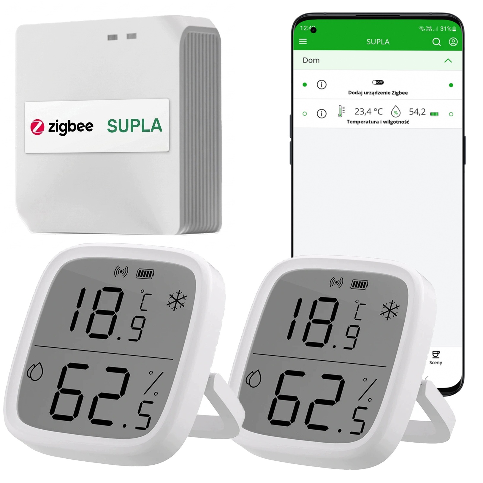Brána Zigbee Centrala +2x Senzor Teploty A Vlhkosti SNZB-02D Supla