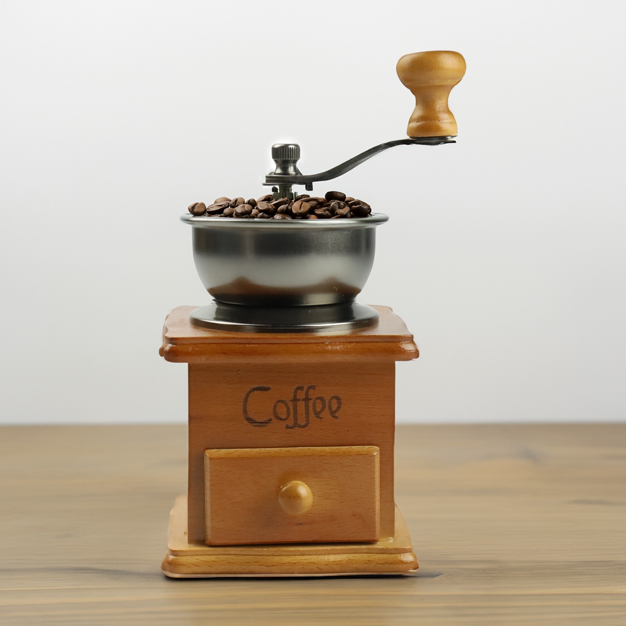 RĘCZNY MŁYNEK DO KAWY DREWNIANY VINTAGE STYL RETRO WYTRZYMAŁY Z SZUFLADKĄ