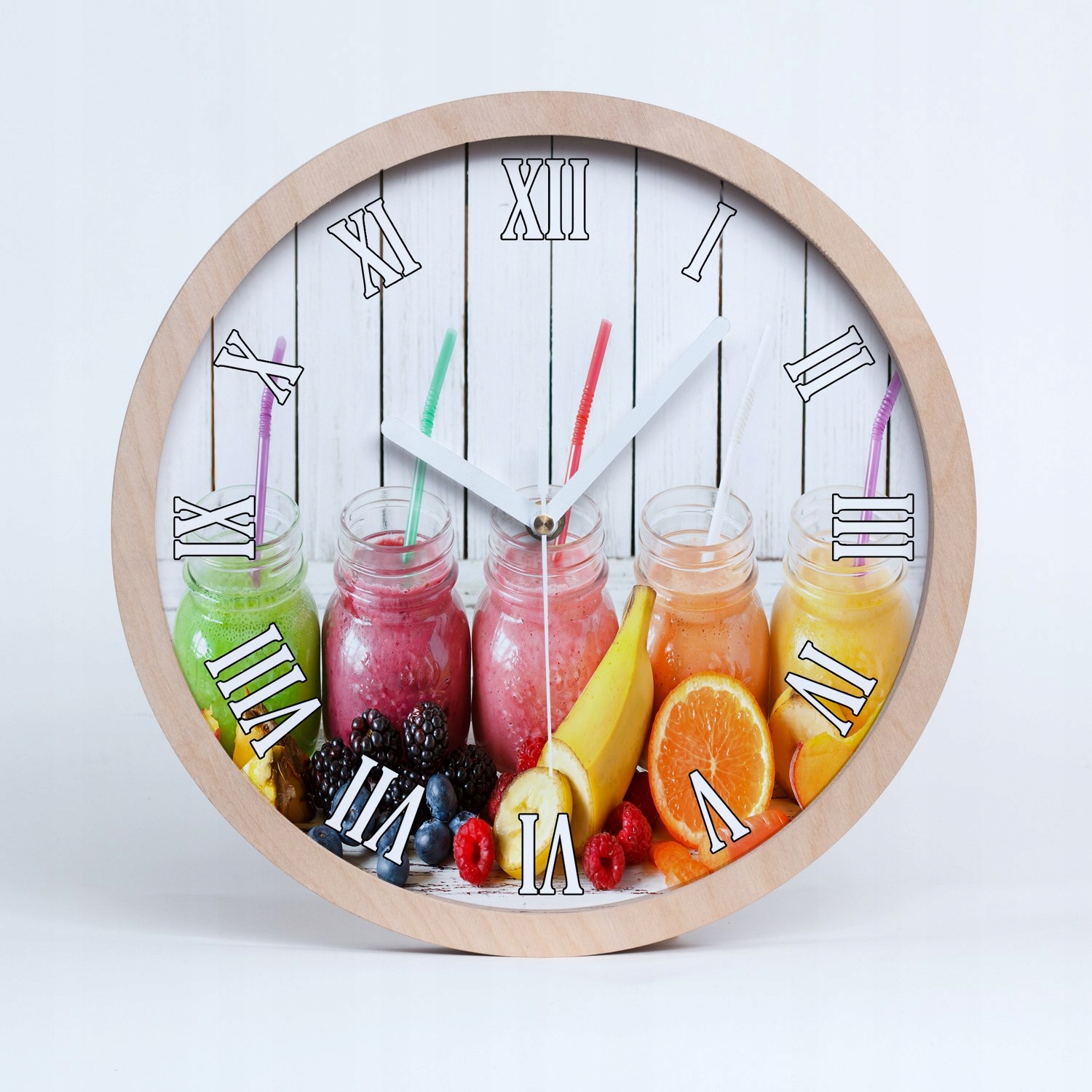 Dřevěné hodiny na zeď ovocné koktejly, průměr 20 cm