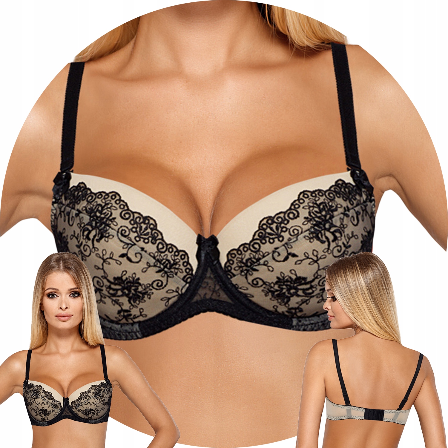 PariPari Imi Push-up podprsenka černá-béžová černá výšivka 65D