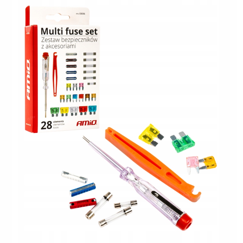 ZESTAW BEZPIECZNKÓW SAMOCHODOWYCH CHWYTAK PRÓBNIK 28EL. BEZPIECZNIKI