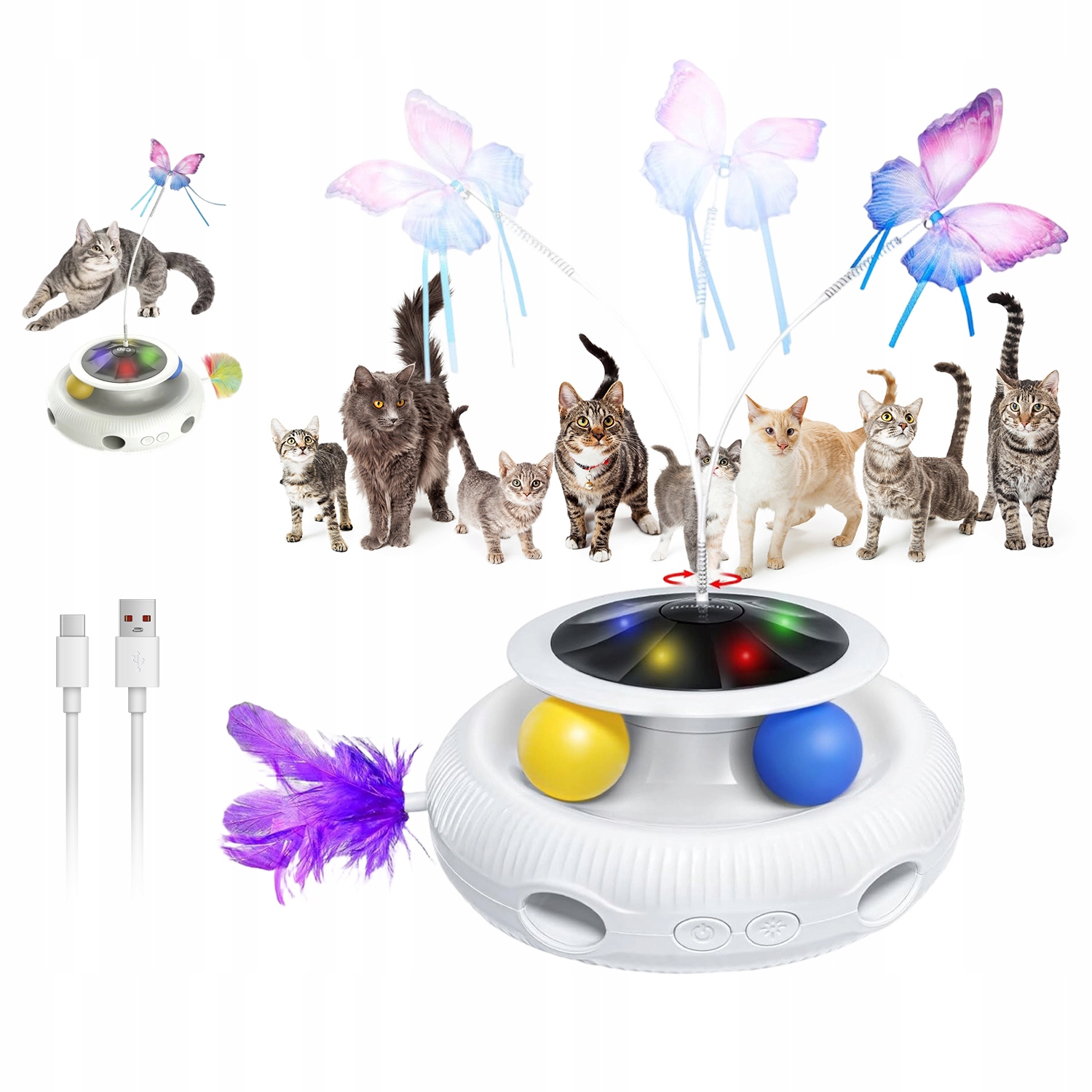 Automatická Interaktivní Hračka Pro Kočky 4V1 S 7 Pero Míč Motýl