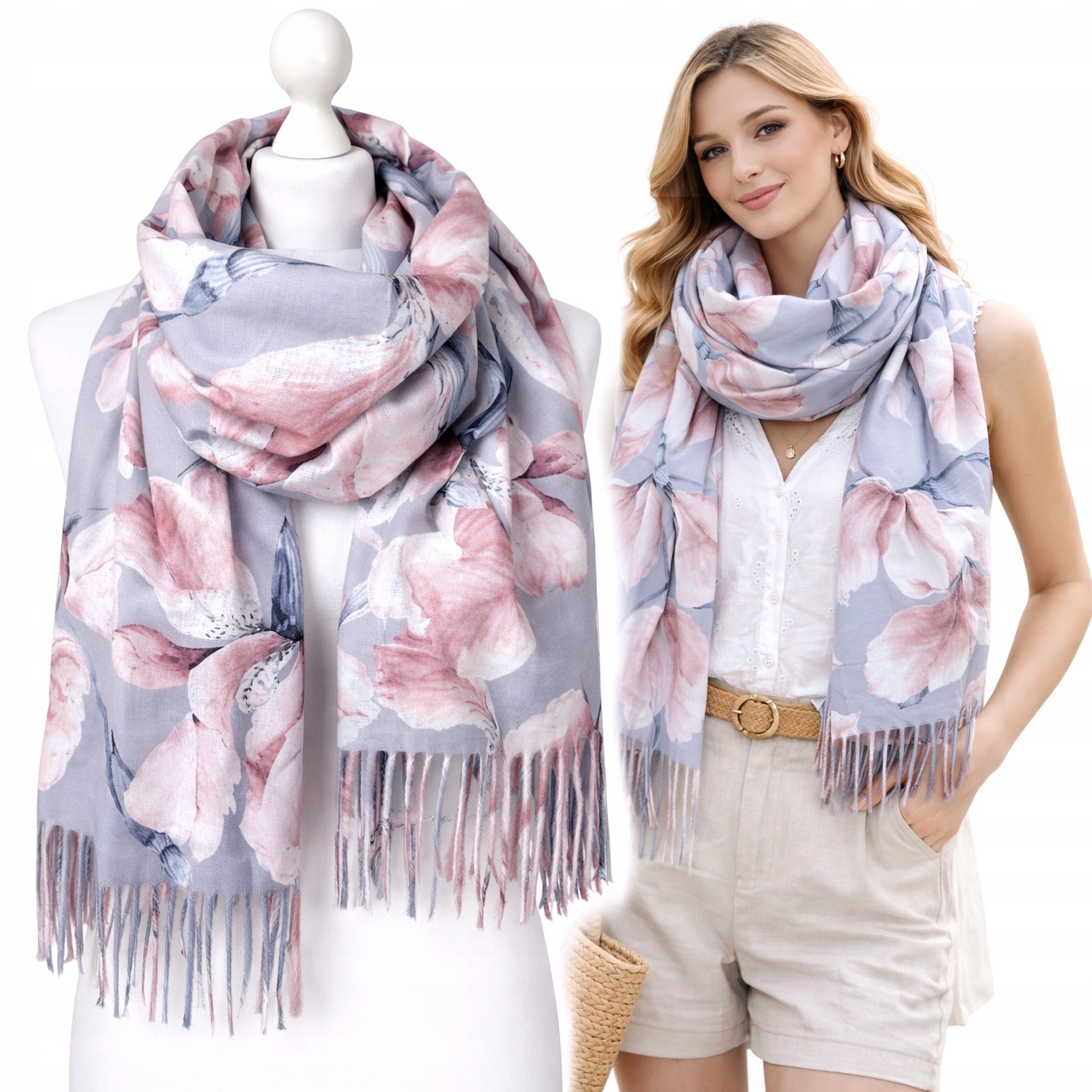 SZAL WIOSENNY DUŻY SZALIK damski PIĘKNE KWIATY chusta modny - MODNE KOLORY