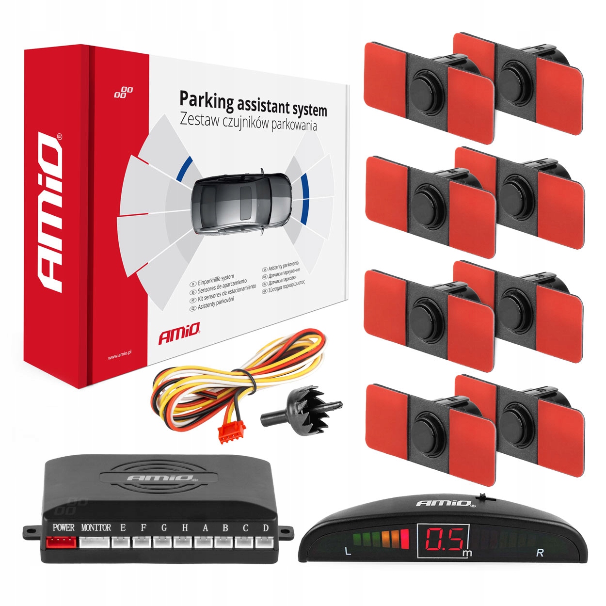 Zestaw czujników parkowania cofania Led 8 sensorów czarne wewnętrzne 16,5mm