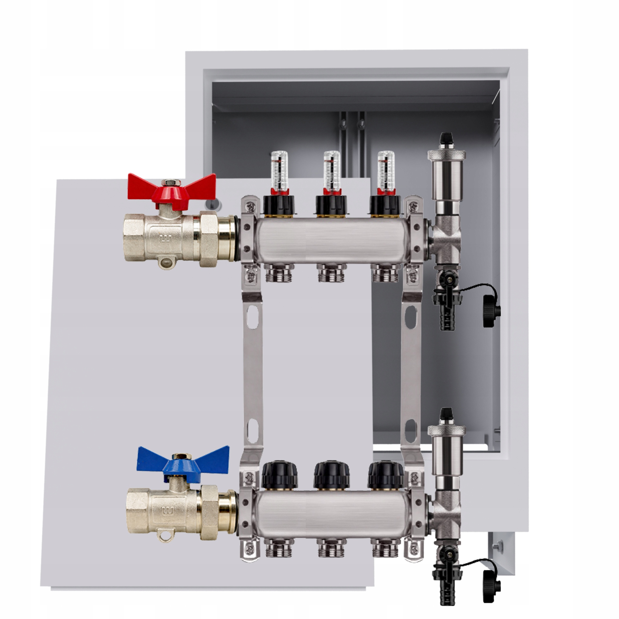 Rozdělovač nerezový Podlahovky 3 Okruhy Podomítková skříňka Ventily