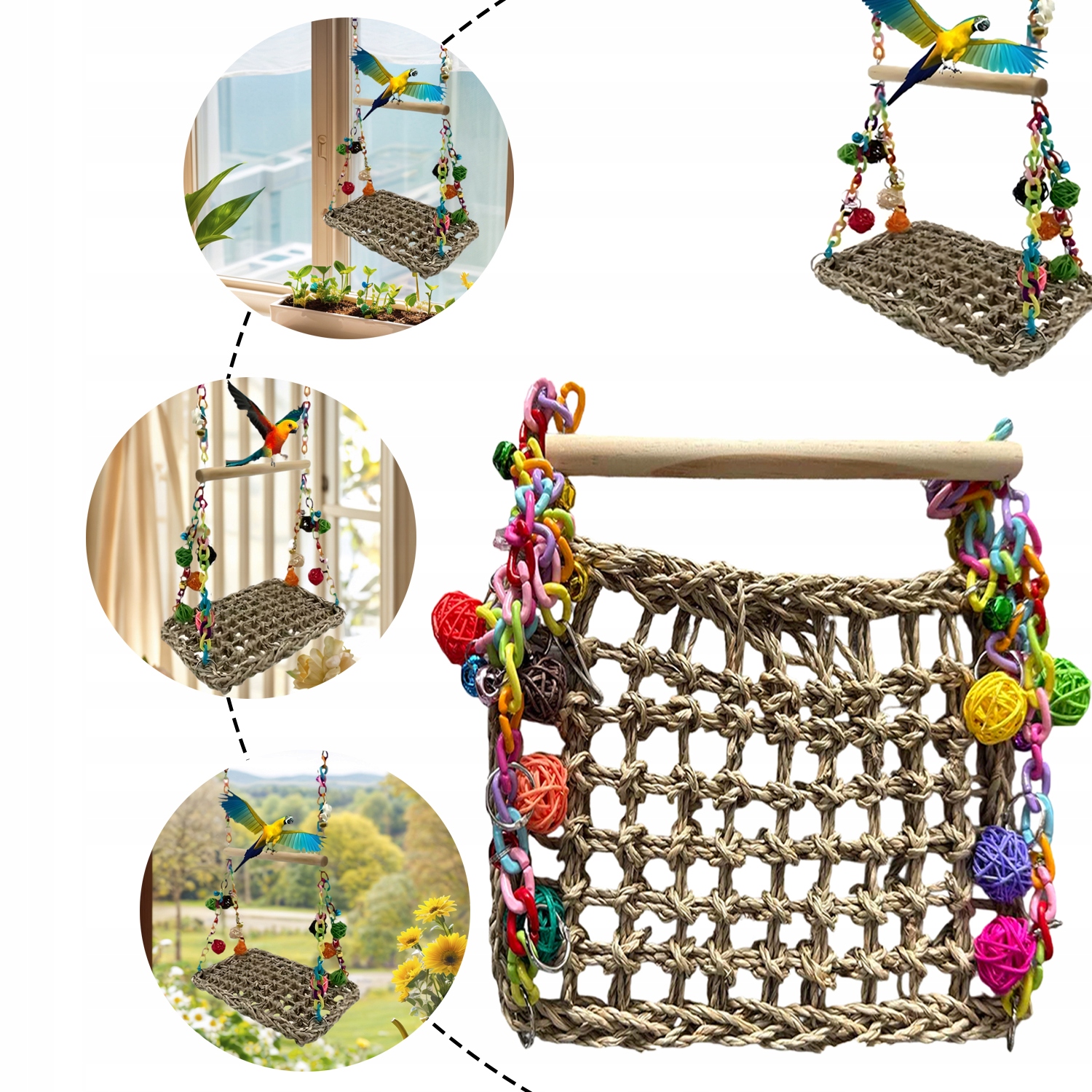 Levně Dřevěná hračka pro ptáky houpačka/platforma z ratanu pro papoušky odpočinek, hraní, příslušenství do klece