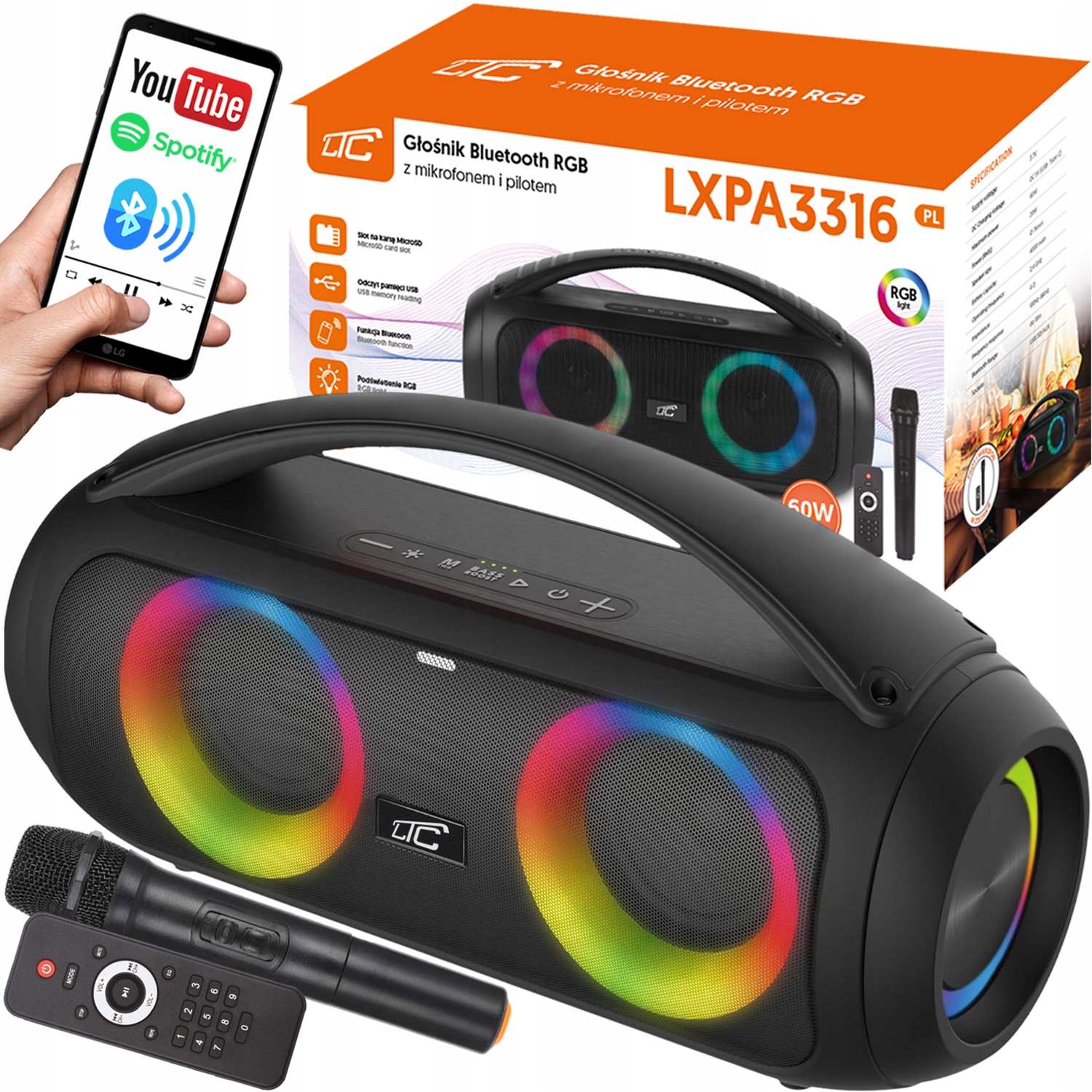 Výkonný Bluetooth Reproduktor Přenosný Boombox Mikrofon Dálkové Ovládání Usb Sd Fm Karaoke