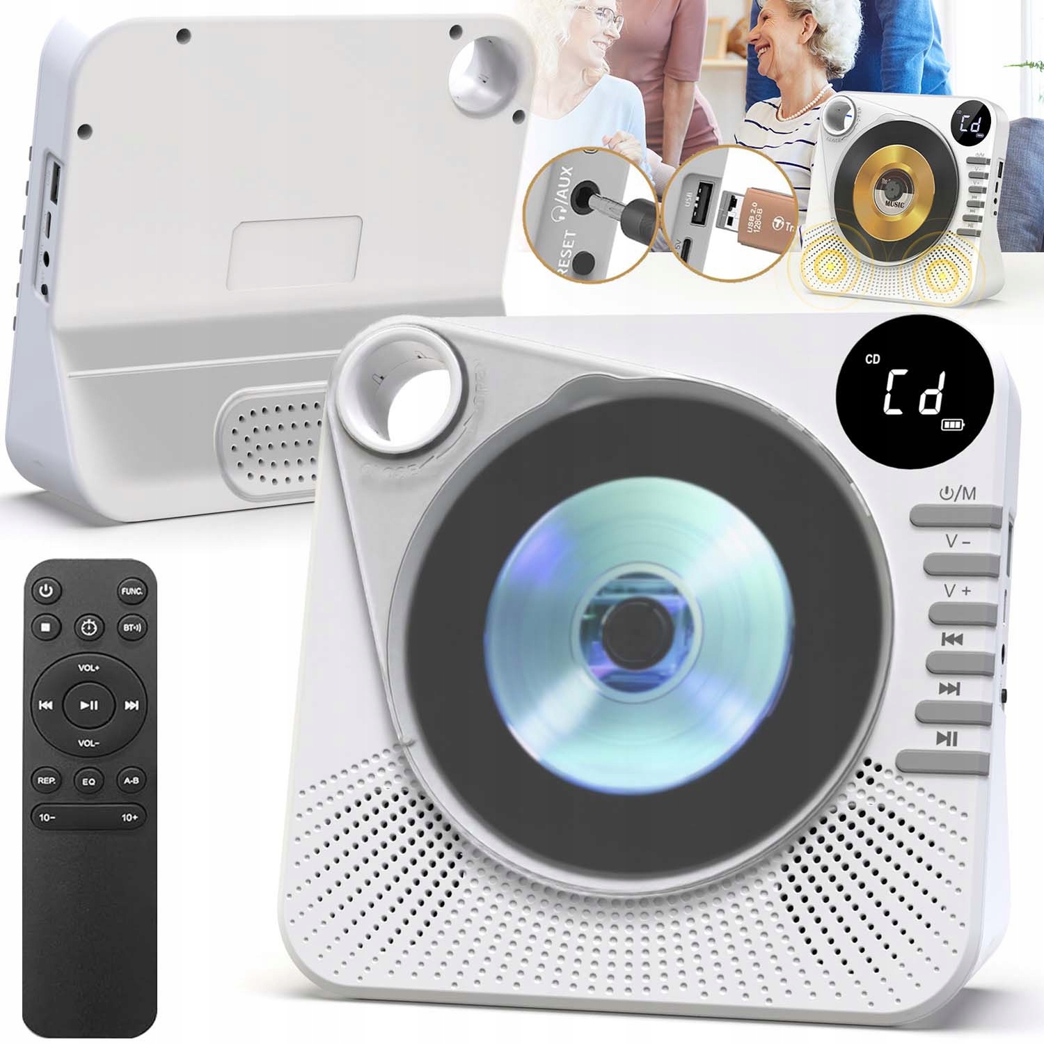 Přenosný CD Přehrávač Bluetooth Reproduktor Dárek Rádio Aux Fm Hifi Usb LCD