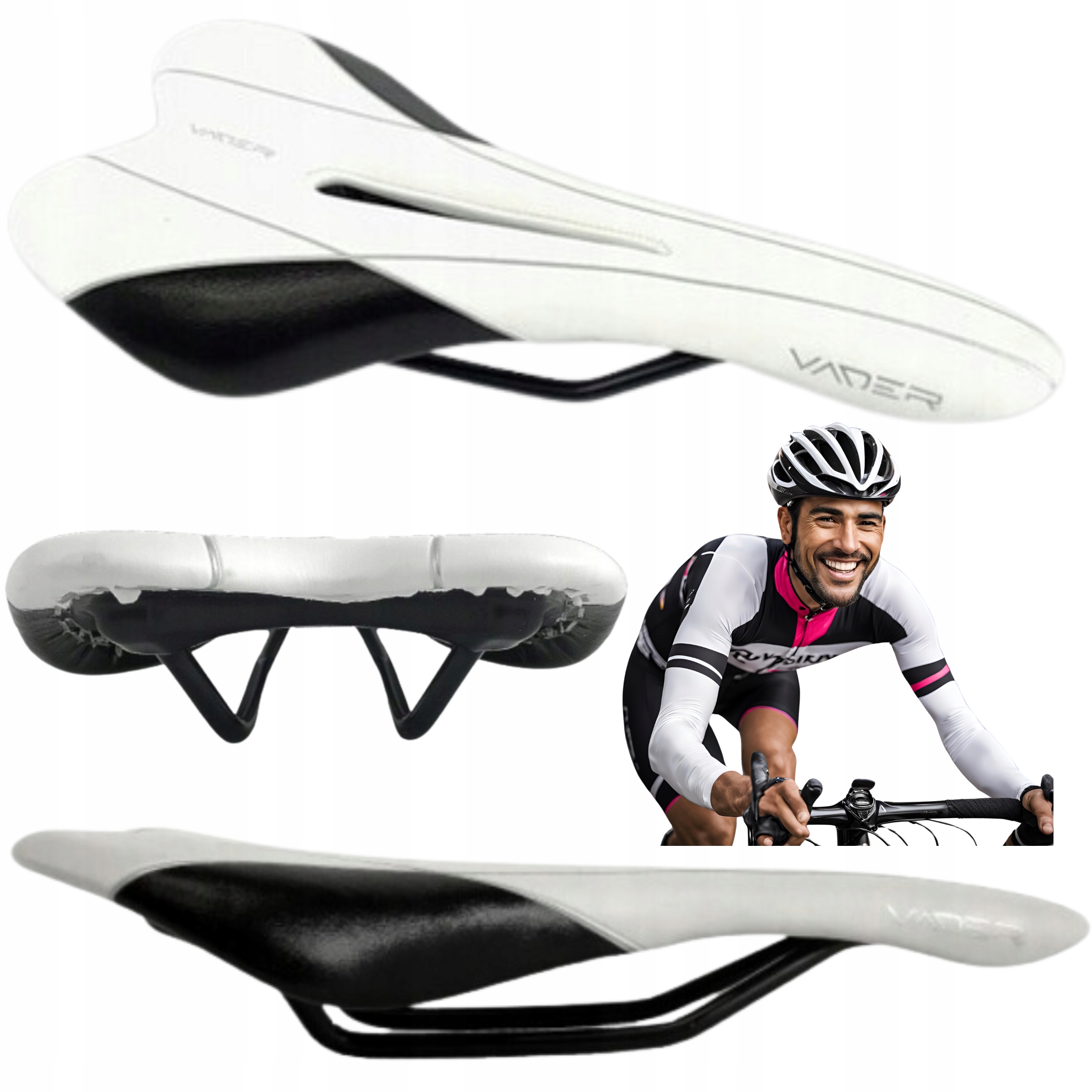 Siodło rowerowe szosowe Vader Air antykompresyjne, białe 275x135mm, lekkie