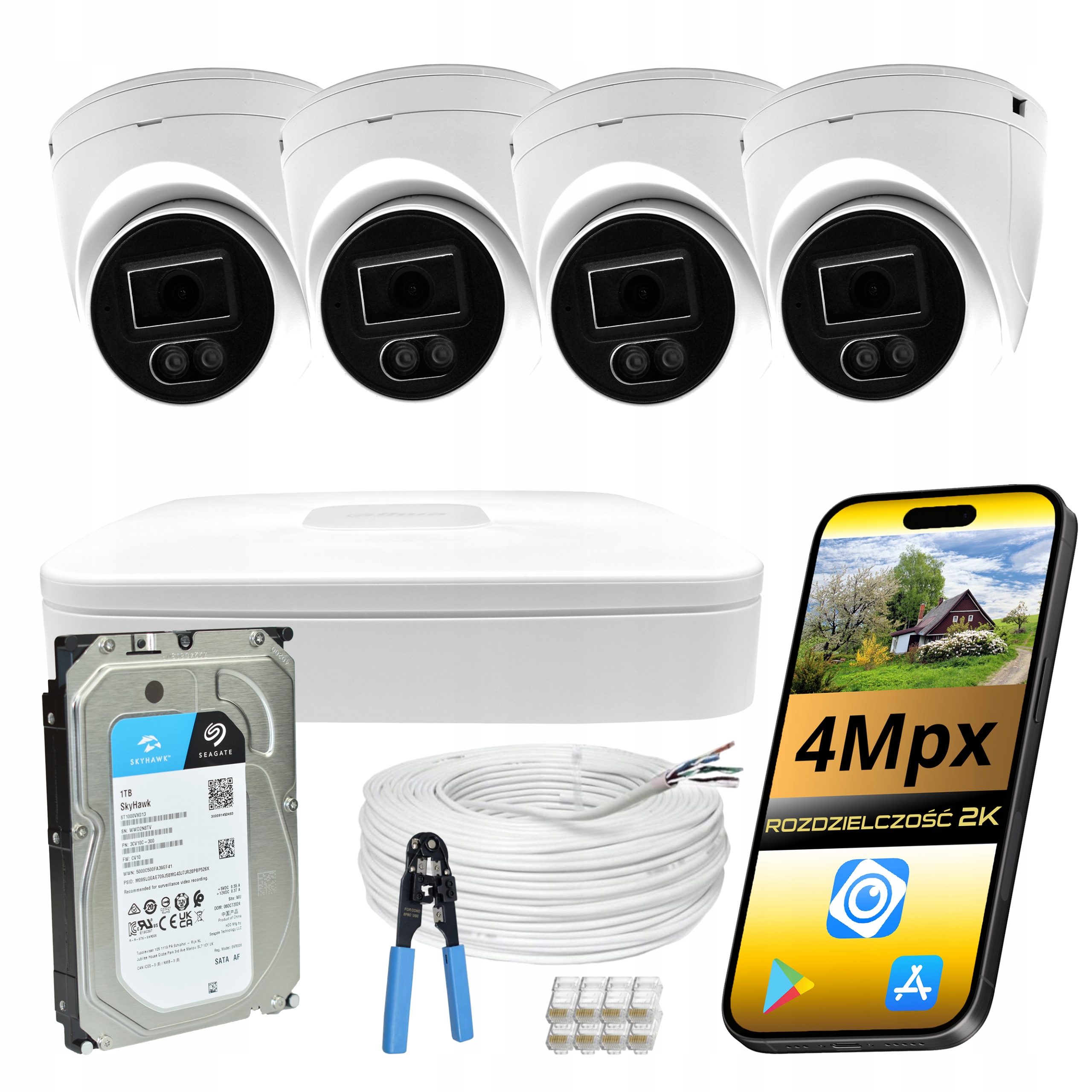 4 Kamery Pro Monitorování Ip 4MPX PoE Set Záznamník Dahua S 1TB Diskem